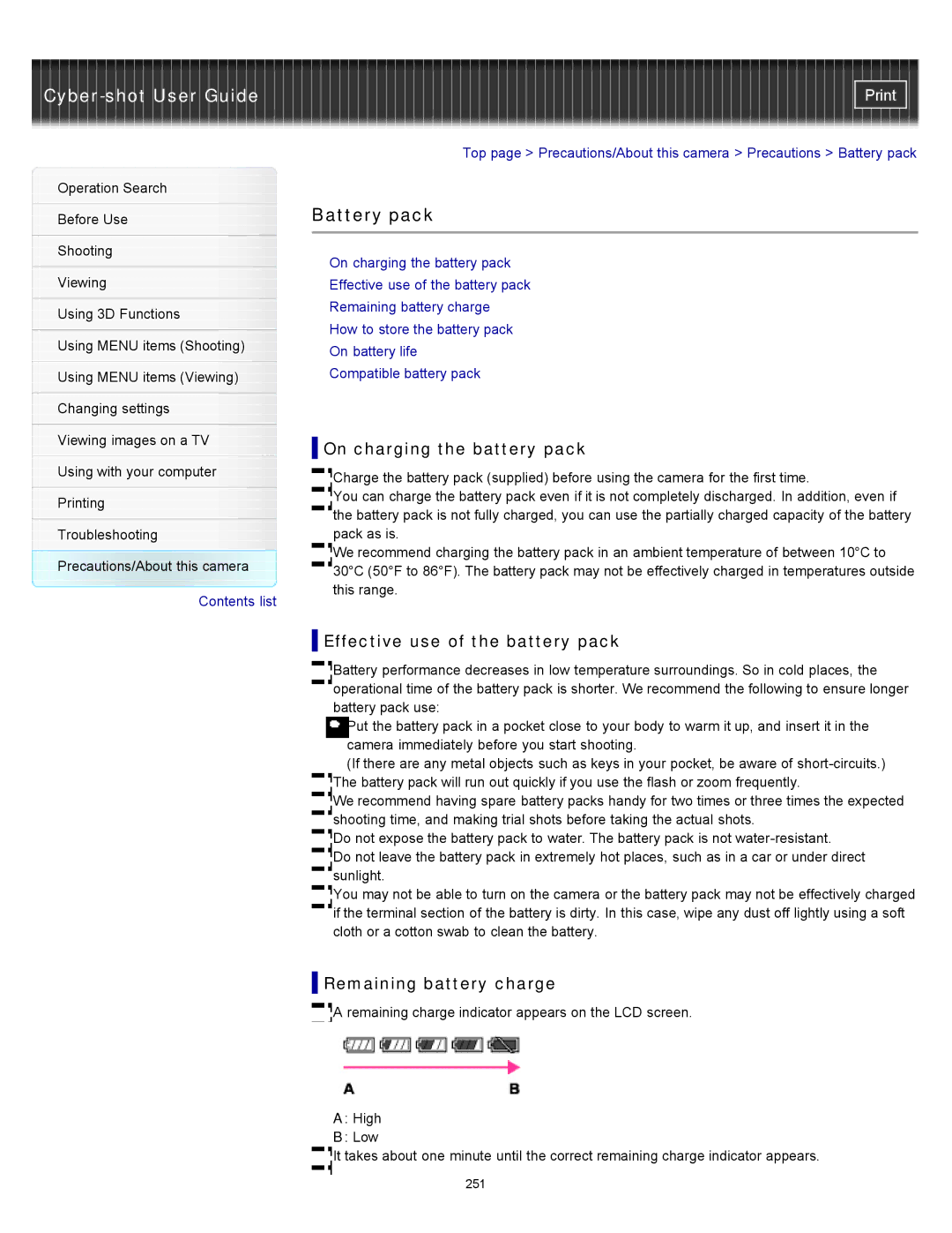 Sony DSC-WX10 Battery pack, On charging the battery pack, Effective use of the battery pack, Remaining battery charge 