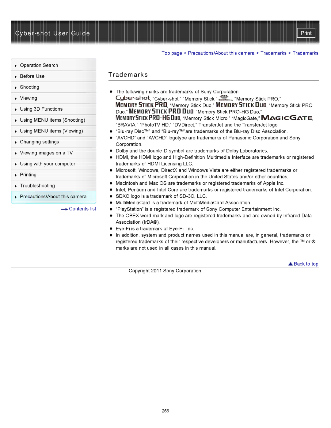 Sony DSC-WX10 manual Trademarks 