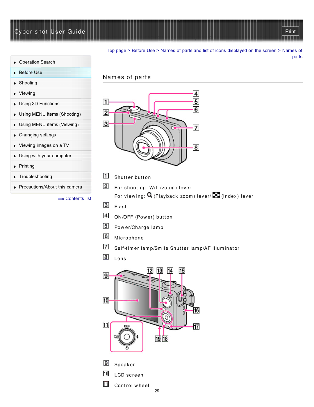 Sony DSC-WX10 manual Names of parts 