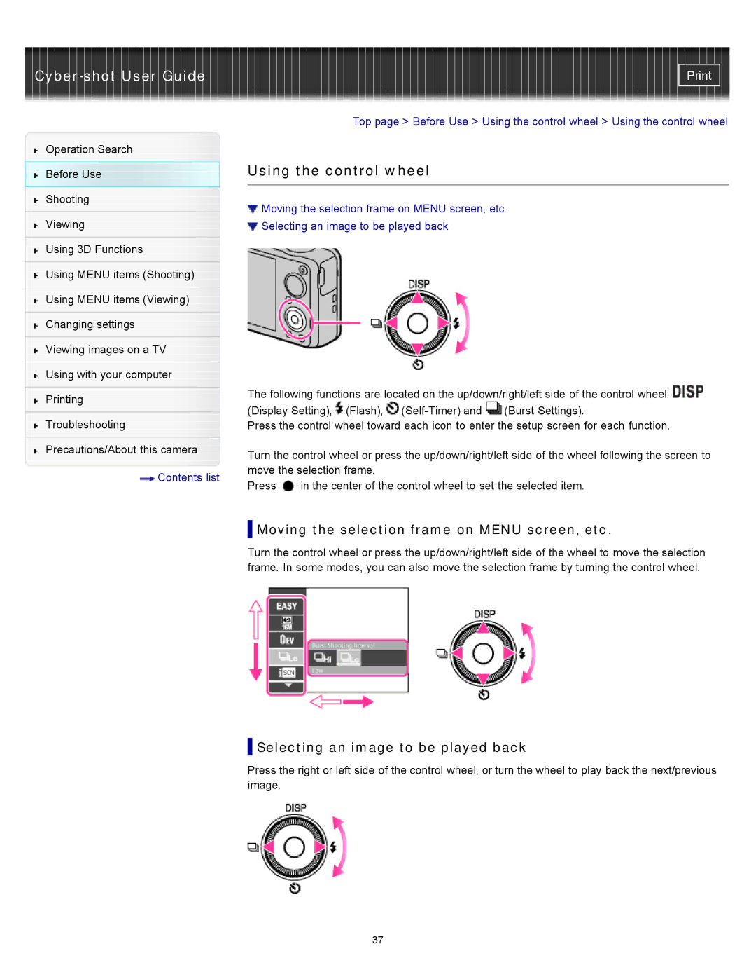 Sony DSC-WX10 manual Using the control wheel, Moving the selection frame on Menu screen, etc 