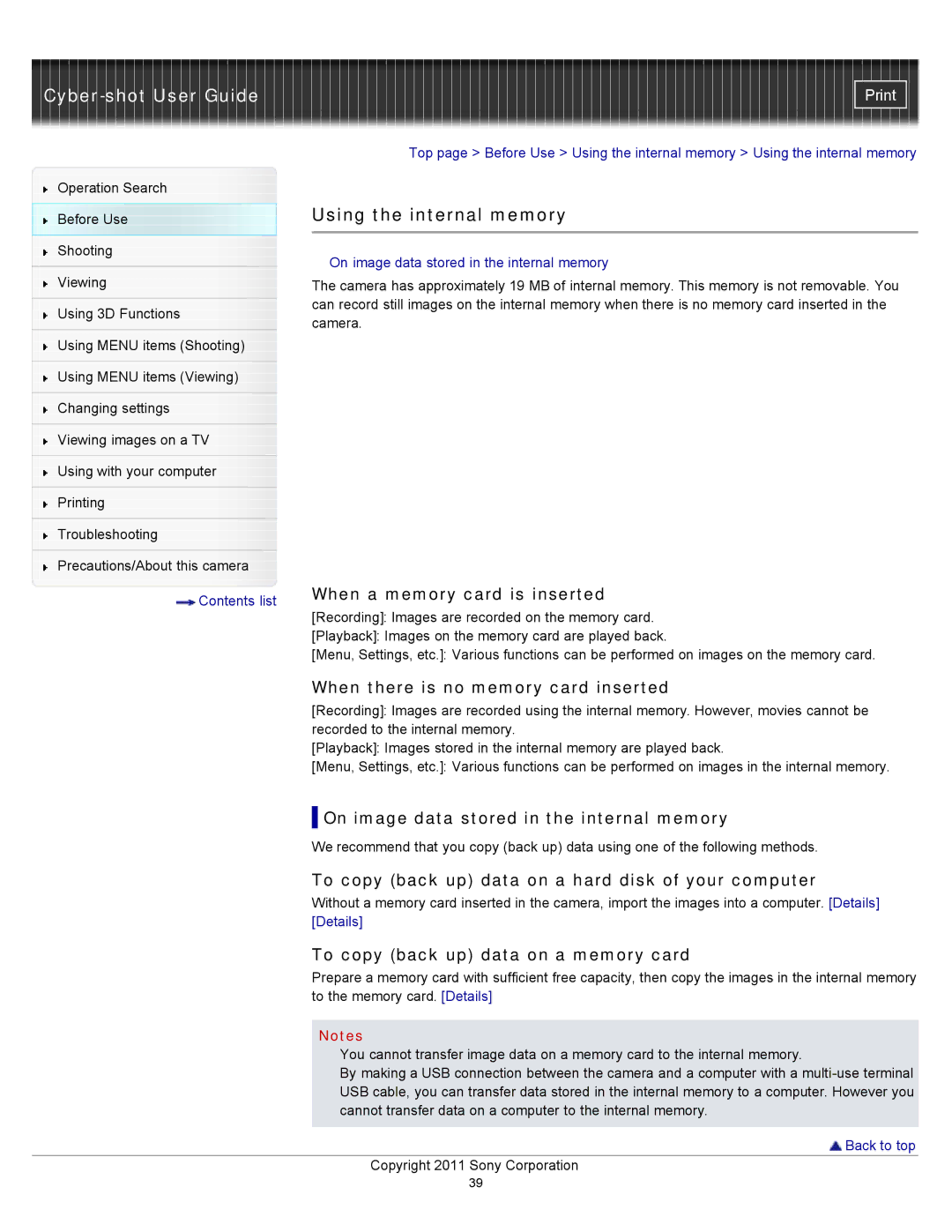 Sony DSC-WX10 manual Using the internal memory 