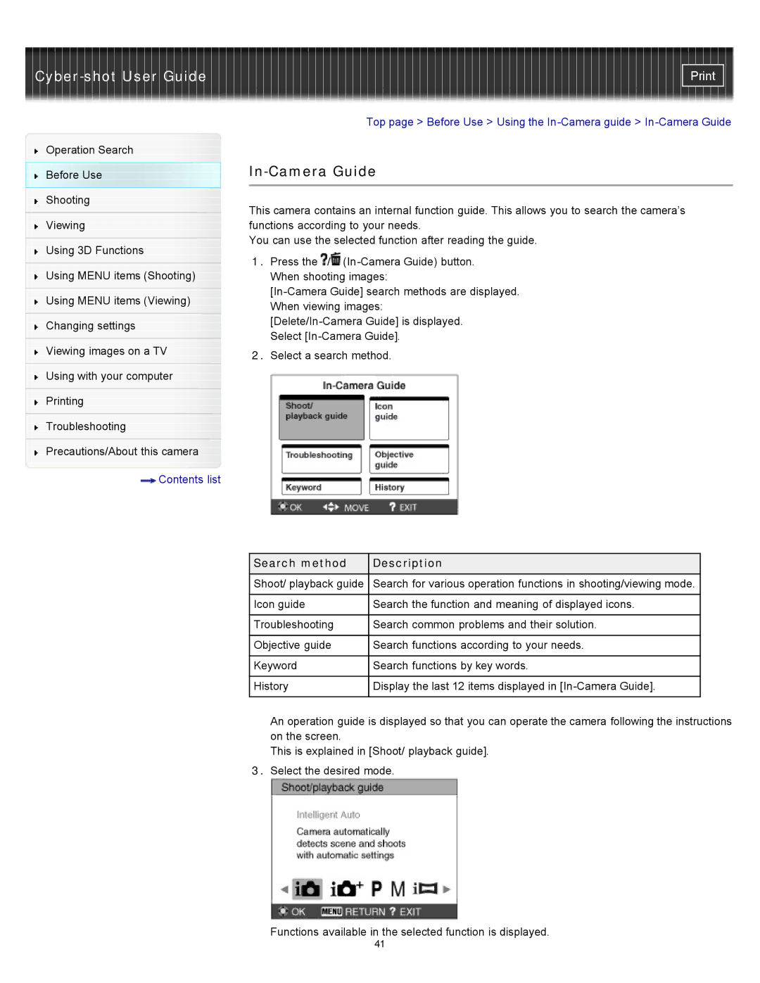 Sony DSC-WX10 manual In-Camera Guide, Search method Description 