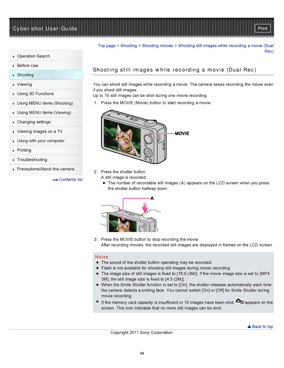 Sony DSC-WX10 manual Shooting still images while recording a movie Dual Rec, Shooting Viewing 