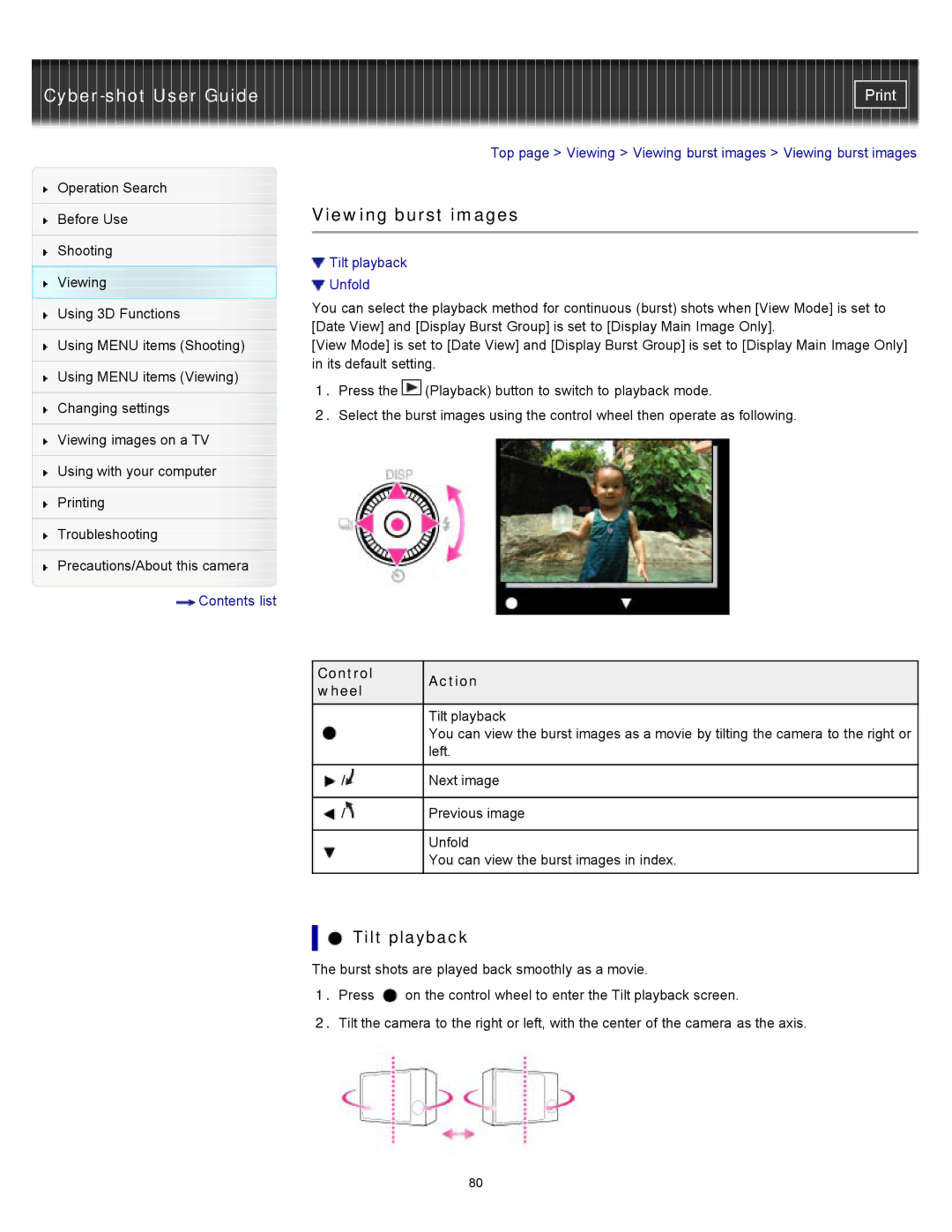 Sony DSC-WX10 manual Viewing burst images, Tilt playback, Control Action Wheel 