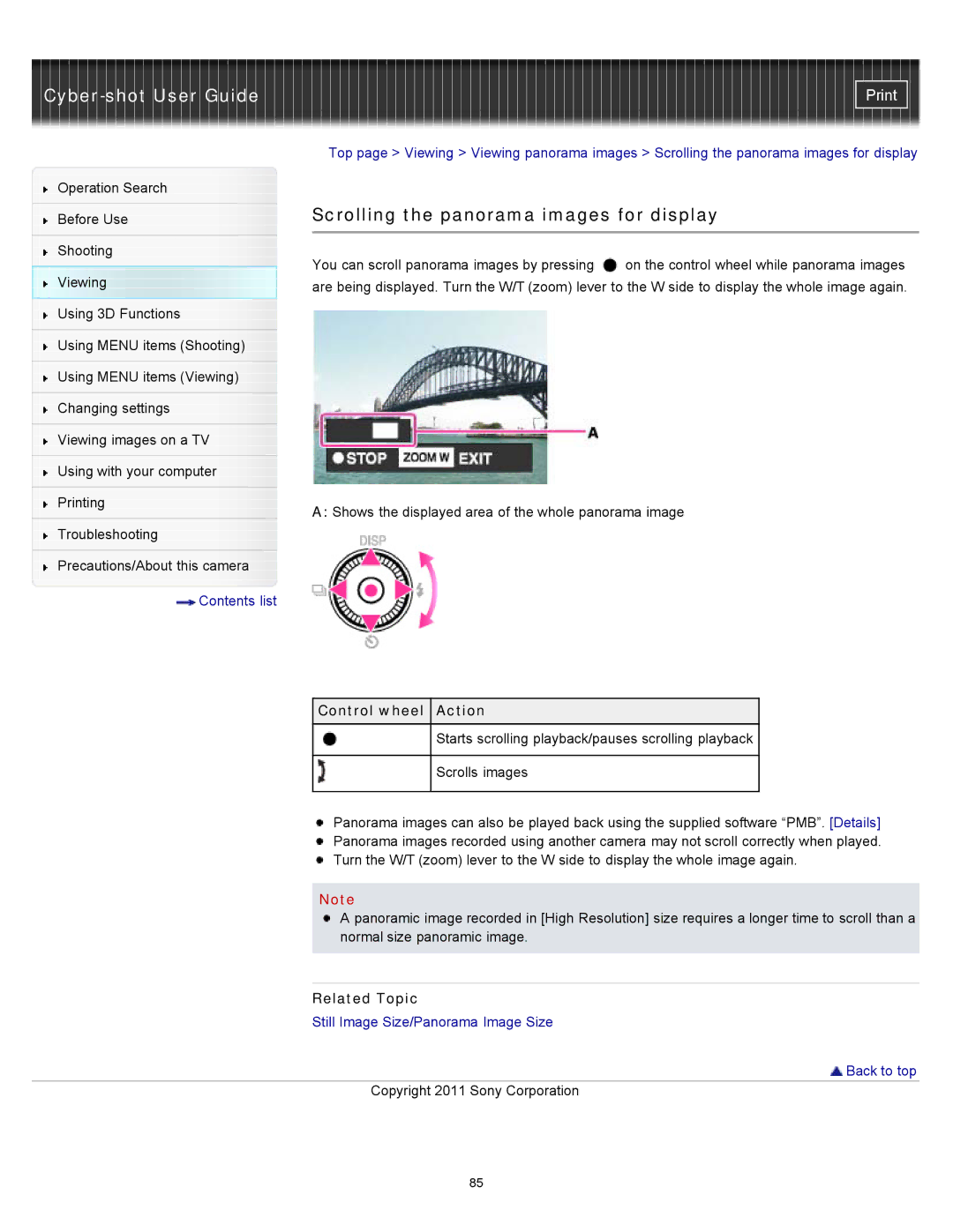 Sony DSC-WX10 manual Scrolling the panorama images for display, Control wheel Action 