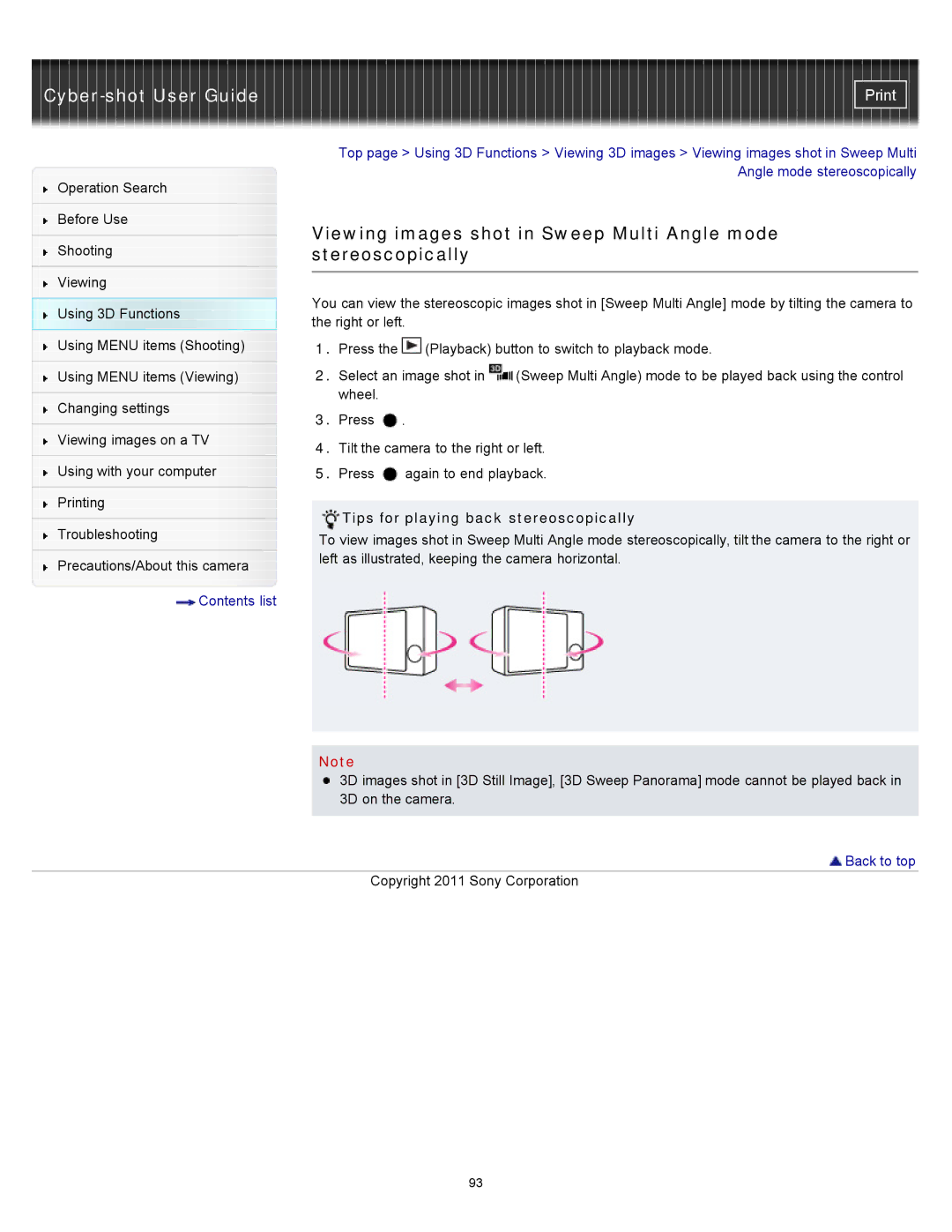 Sony DSC-WX10 Viewing images shot in Sweep Multi Angle mode, Stereoscopically, Tips for playing back stereoscopically 