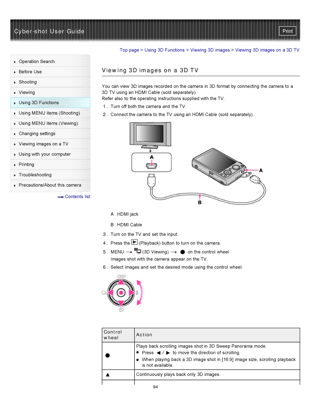 Sony DSC-WX10 manual Viewing 3D images on a 3D TV, Control Action Wheel 