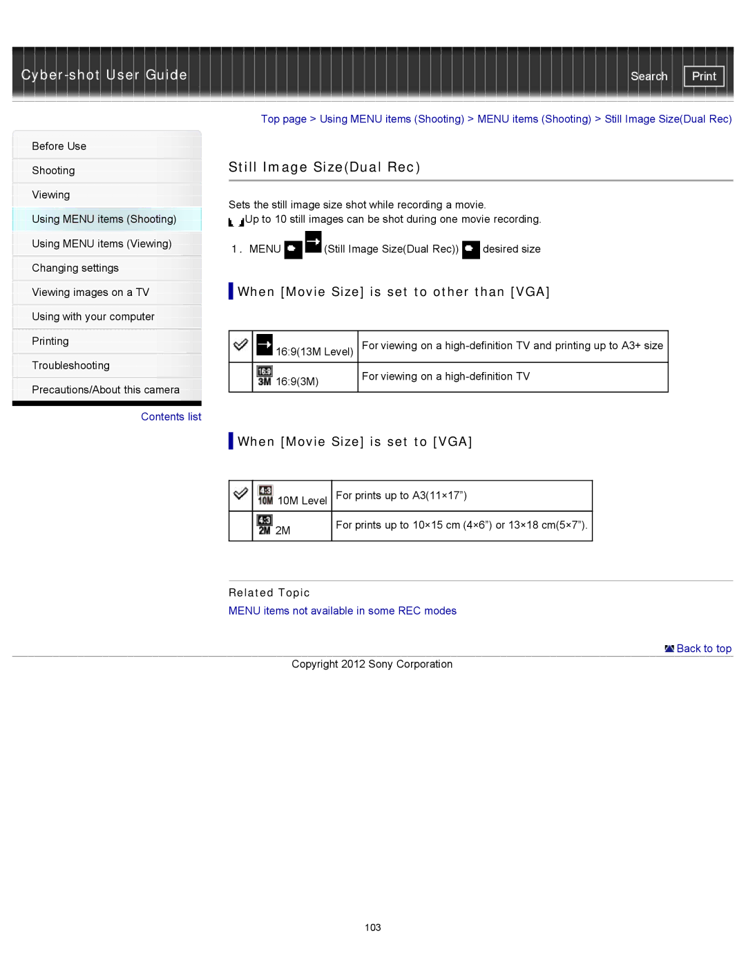 Sony DSC-WX100/WX150 Still Image SizeDual Rec, When Movie Size is set to other than VGA, When Movie Size is set to VGA 