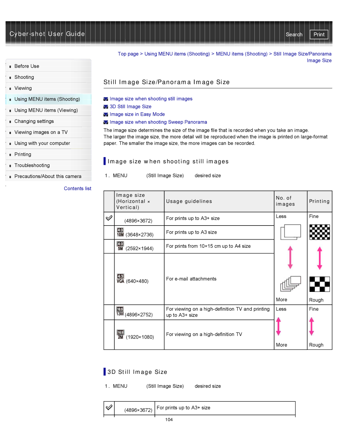 Sony DSCWX150/L manual Still Image Size/Panorama Image Size, Image size when shooting still images, 3D Still Image Size 