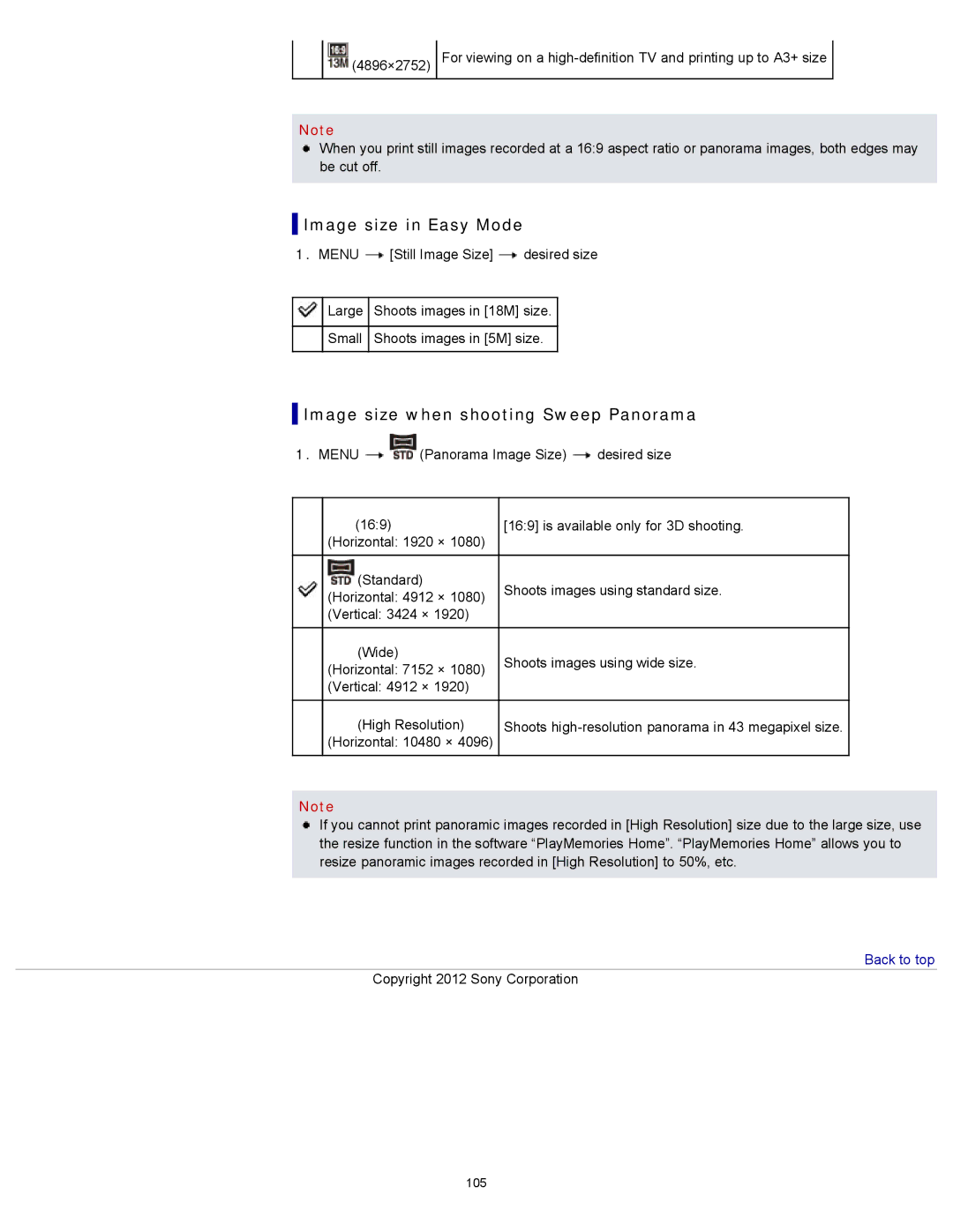 Sony DSC-WX150/R, DSC-WX100/WX150, DSCWX150/L manual Image size in Easy Mode, Image size when shooting Sweep Panorama 