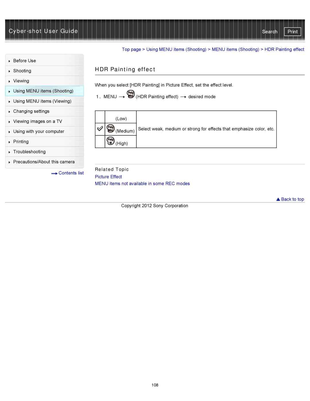 Sony DSC-WX150/R, DSC-WX100/WX150, DSCWX150/L manual HDR Painting effect, Related Topic 