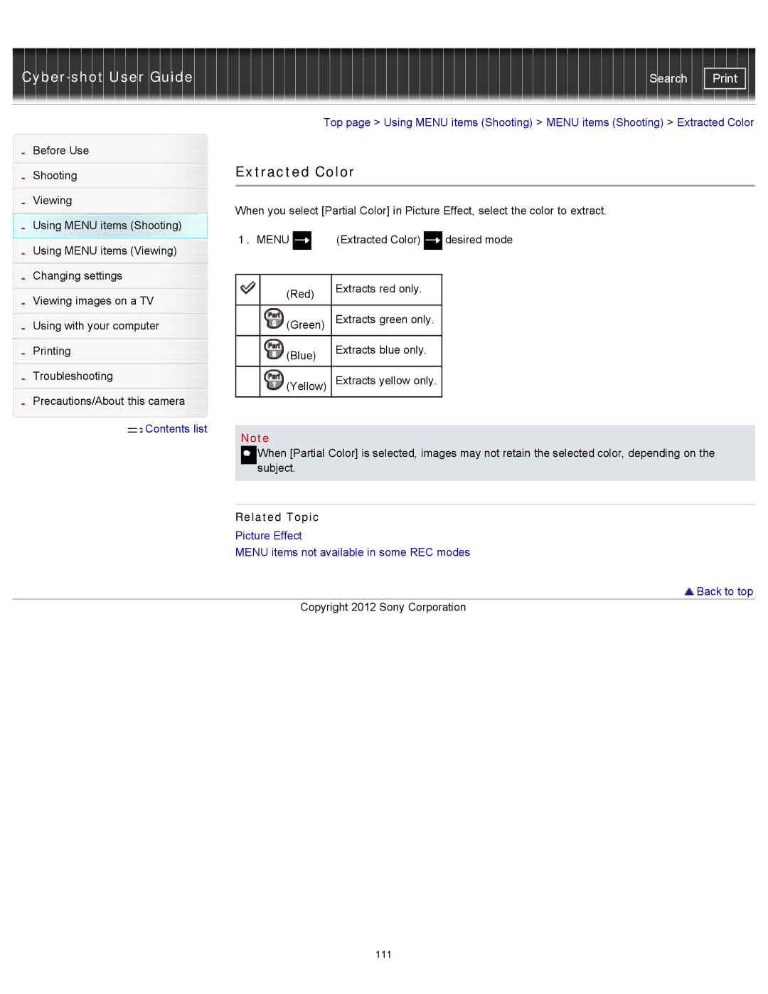 Sony DSC-WX150/R, DSC-WX100/WX150, DSCWX150/L manual Extracted Color 