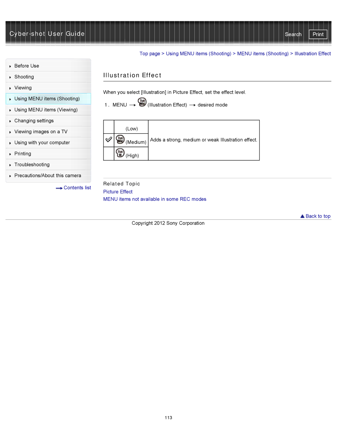 Sony DSCWX150/L, DSC-WX150/R, DSC-WX100/WX150 manual Illustration Effect 