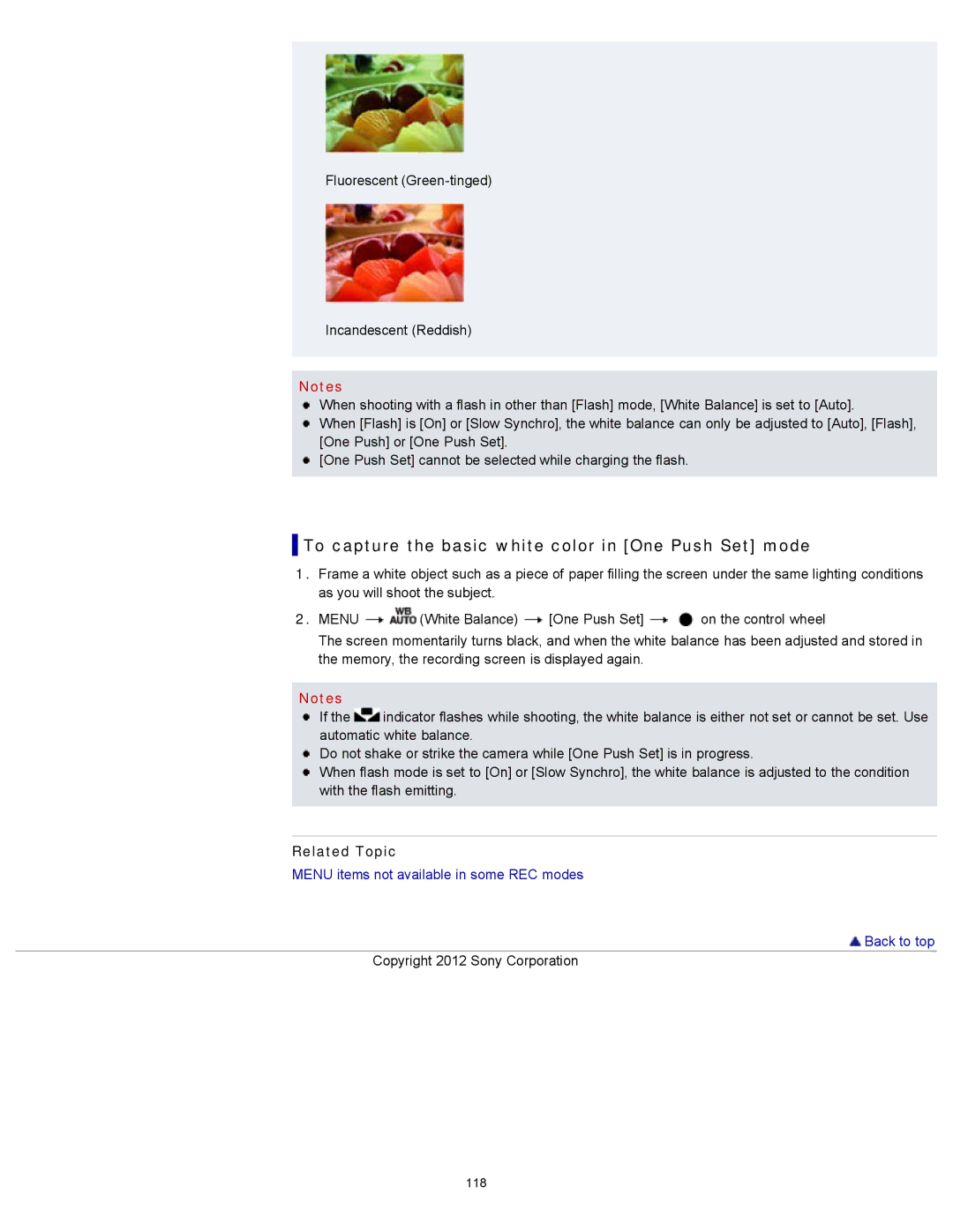 Sony DSC-WX100/WX150, DSC-WX150/R, DSCWX150/L manual To capture the basic white color in One Push Set mode 