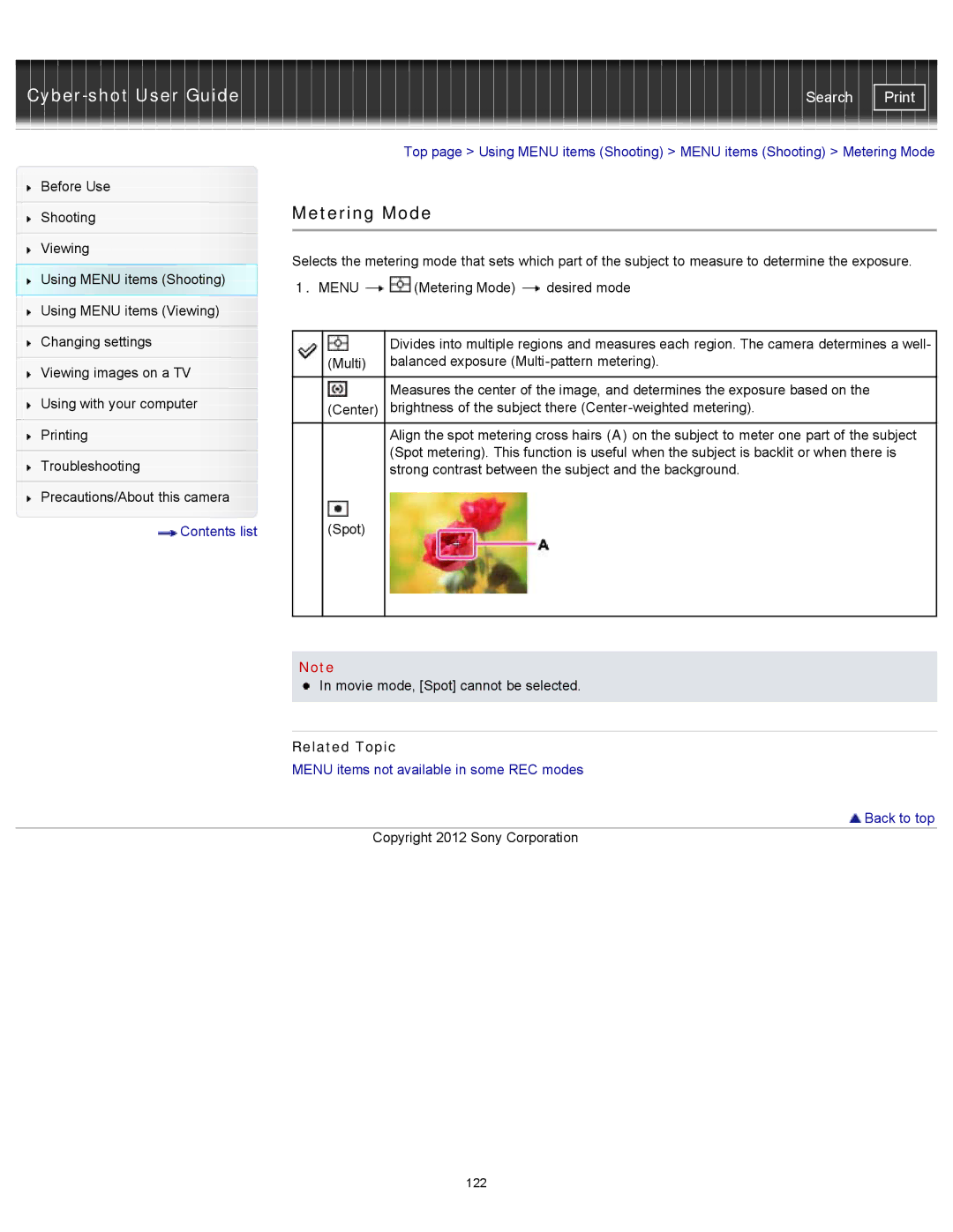 Sony DSCWX150/L, DSC-WX150/R, DSC-WX100/WX150 manual Metering Mode 