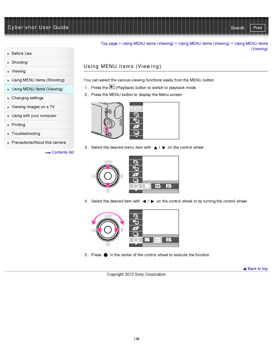 Sony DSC-WX150/R, DSC-WX100/WX150, DSCWX150/L manual Using Menu items Viewing 