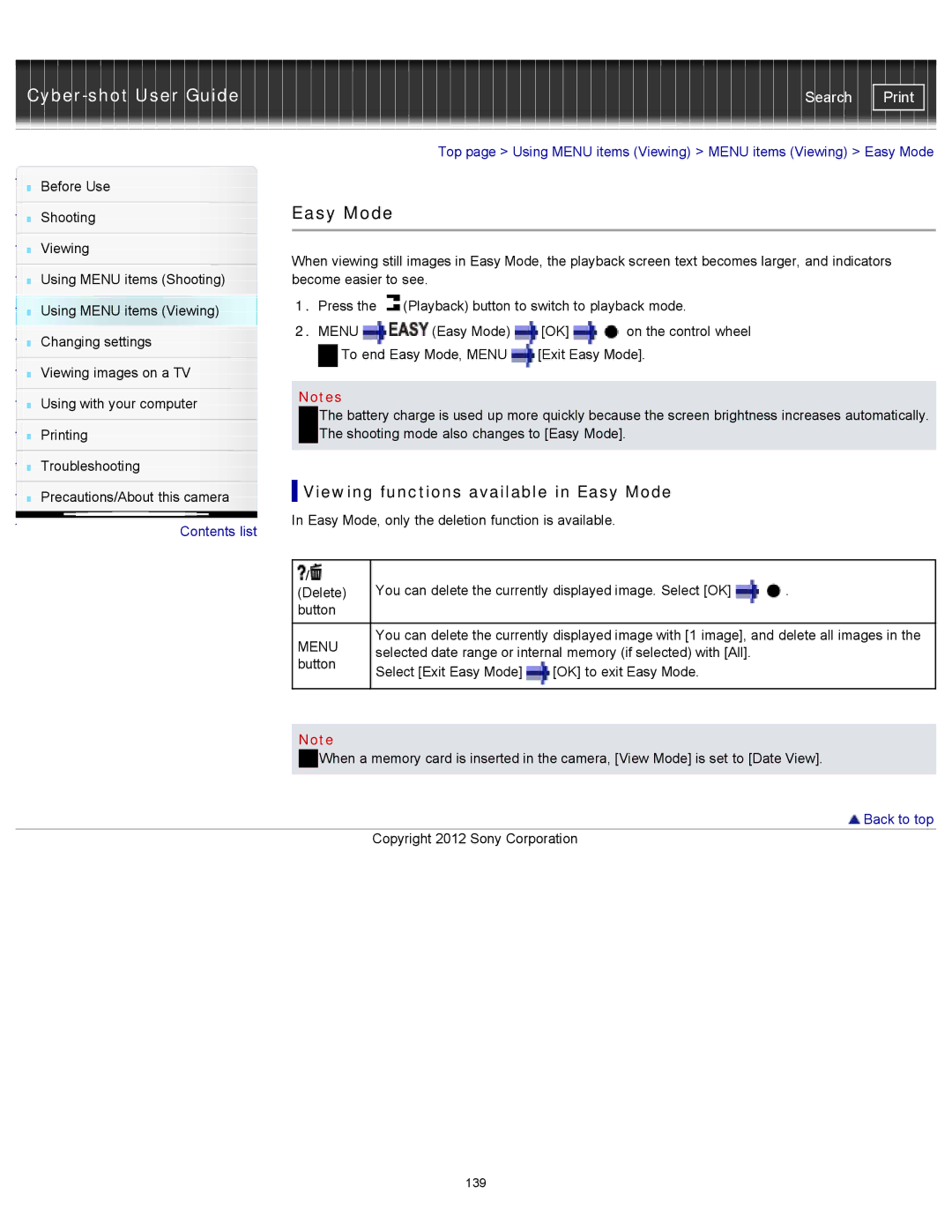 Sony DSC-WX100/WX150, DSC-WX150/R, DSCWX150/L manual Viewing functions available in Easy Mode 