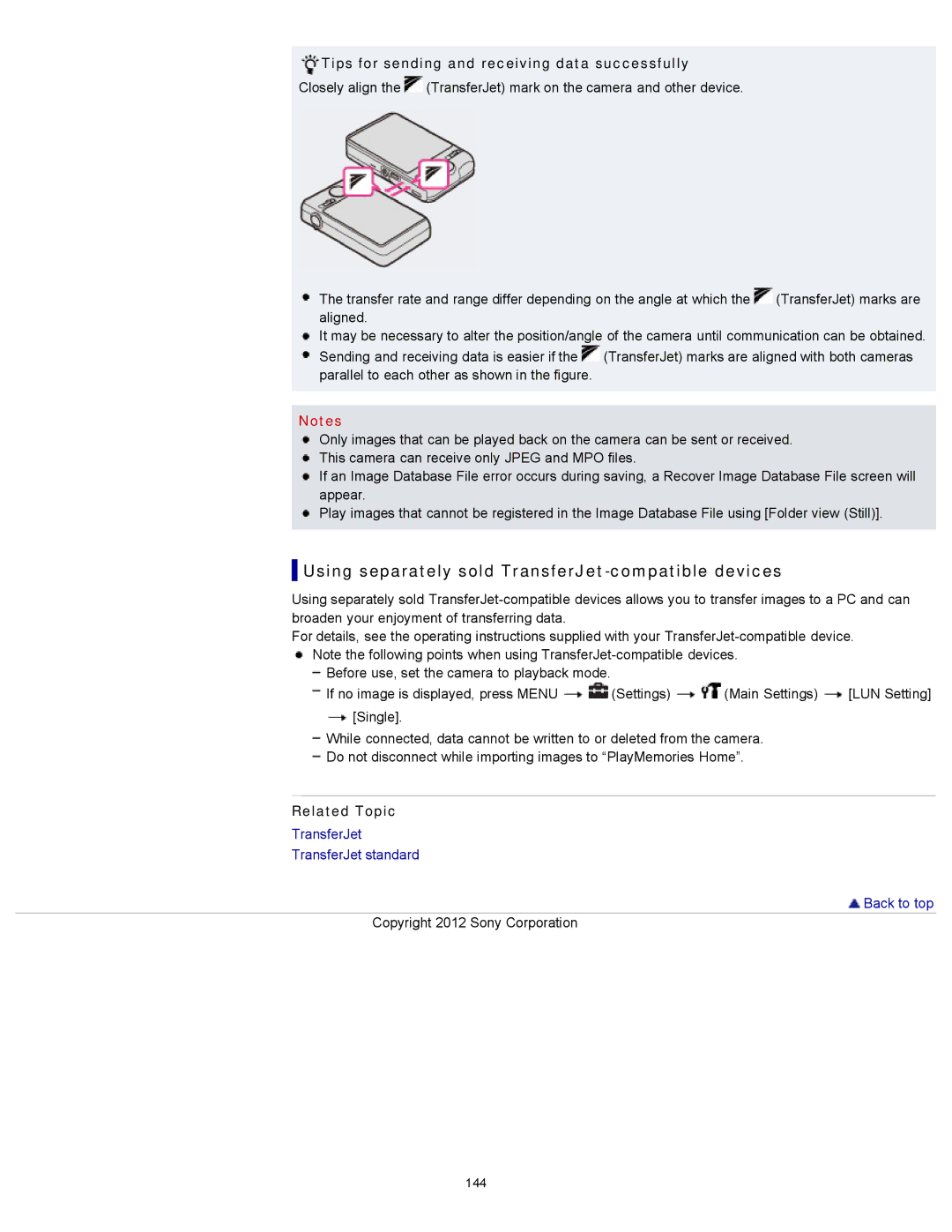 Sony DSC-WX150/R Using separately sold TransferJet-compatible devices, Tips for sending and receiving data successfully 