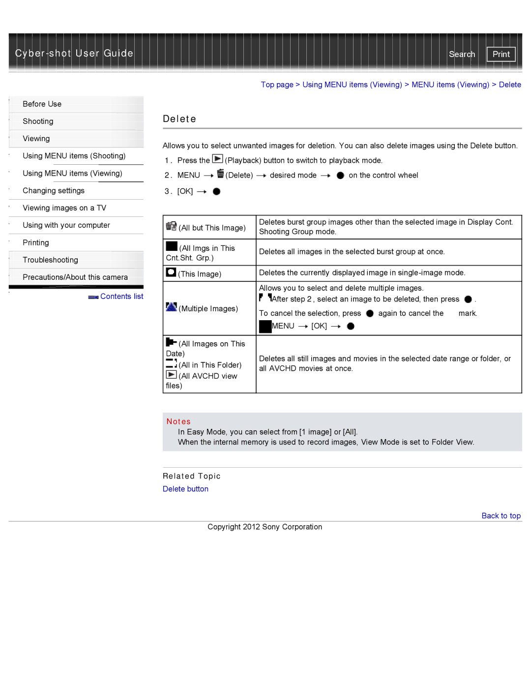 Sony DSC-WX100/WX150, DSC-WX150/R, DSCWX150/L manual Delete 