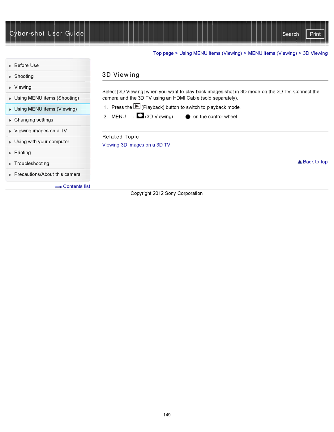 Sony DSCWX150/L, DSC-WX150/R, DSC-WX100/WX150 manual 3D Viewing, Related Topic 