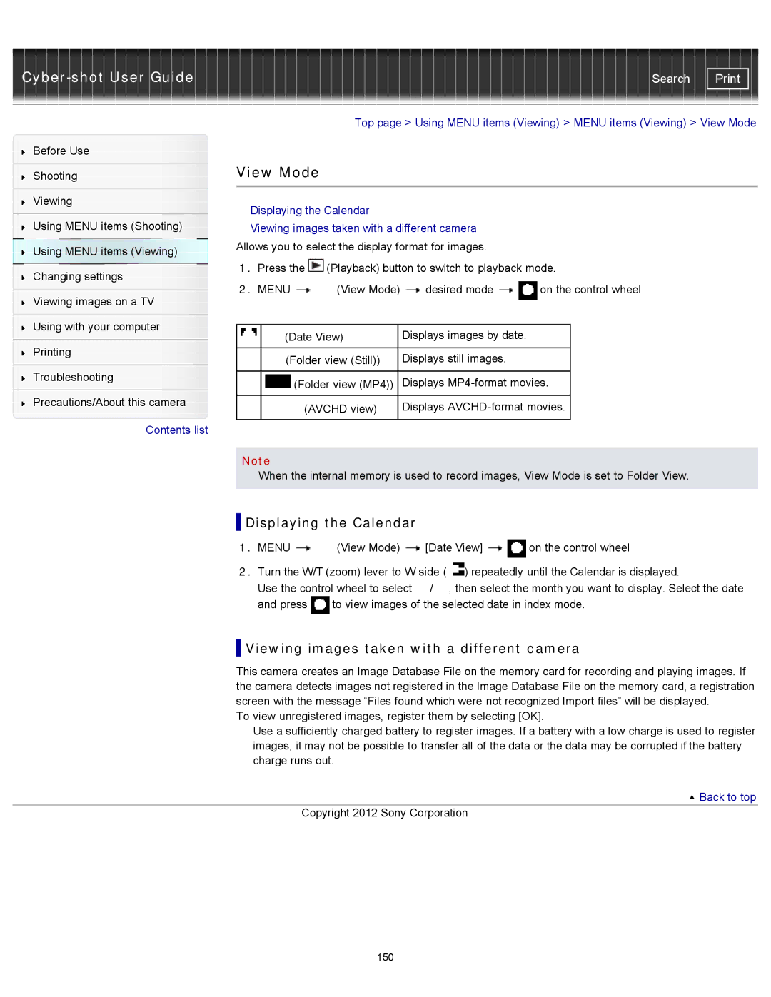 Sony DSC-WX150/R, DSC-WX100/WX150 manual View Mode, Displaying the Calendar, Viewing images taken with a different camera 