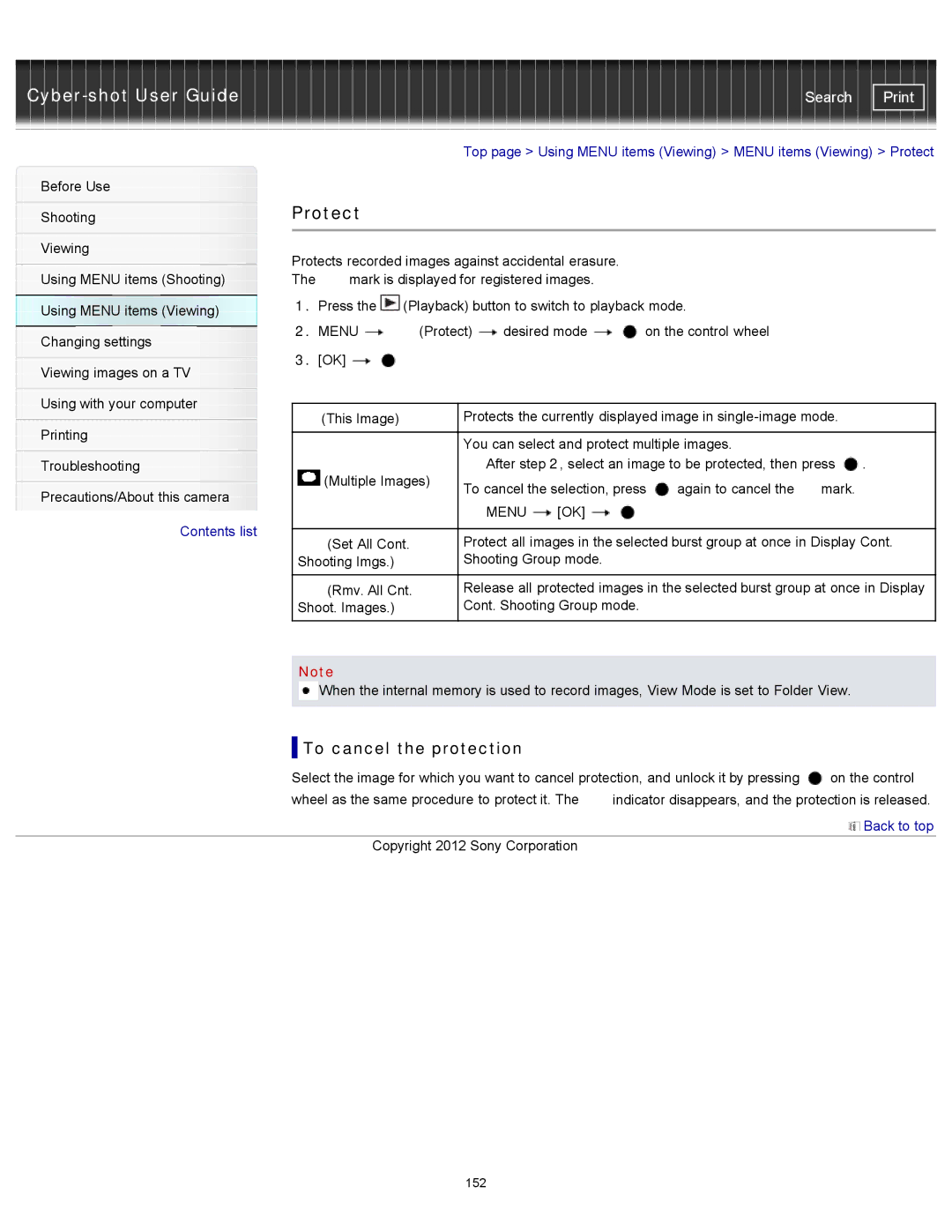 Sony DSCWX150/L, DSC-WX150/R, DSC-WX100/WX150 manual Protect, To cancel the protection 