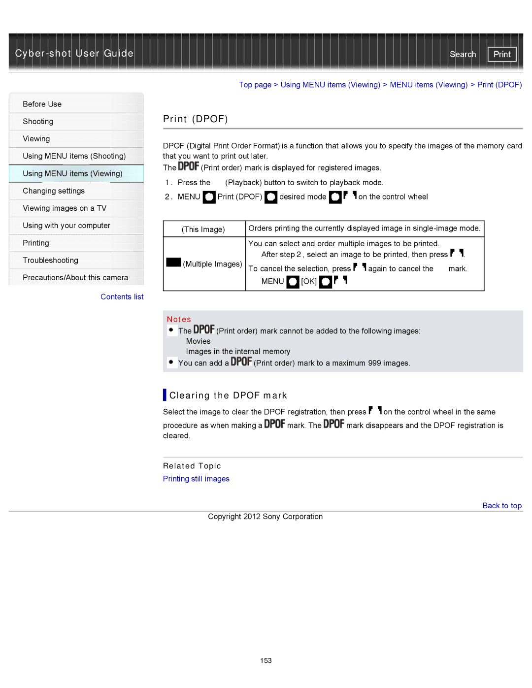 Sony DSC-WX150/R, DSC-WX100/WX150, DSCWX150/L manual Print Dpof, Clearing the Dpof mark 