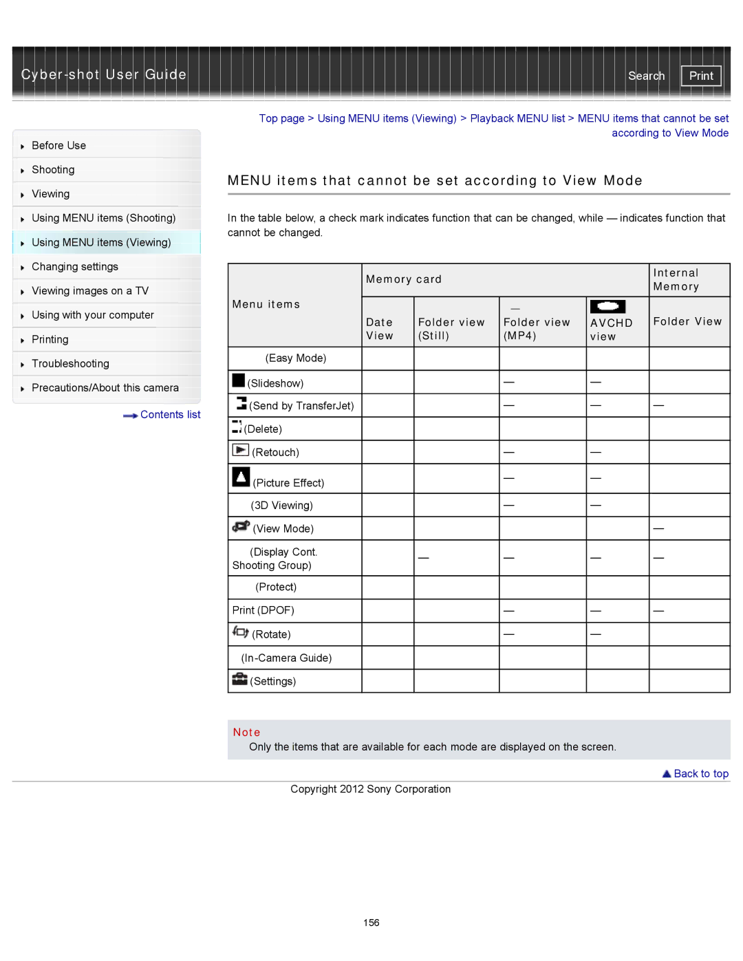 Sony DSC-WX150/R, DSCWX150/L Menu items that cannot be set according to View Mode, Memory card Internal, Date Folder view 