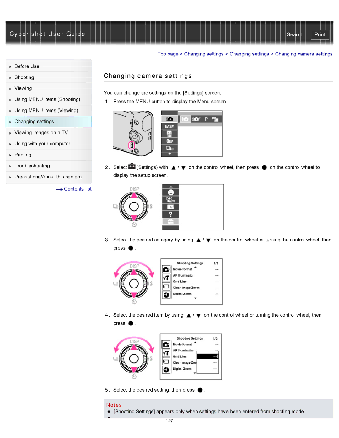 Sony DSC-WX100/WX150, DSC-WX150/R, DSCWX150/L manual Changing camera settings 