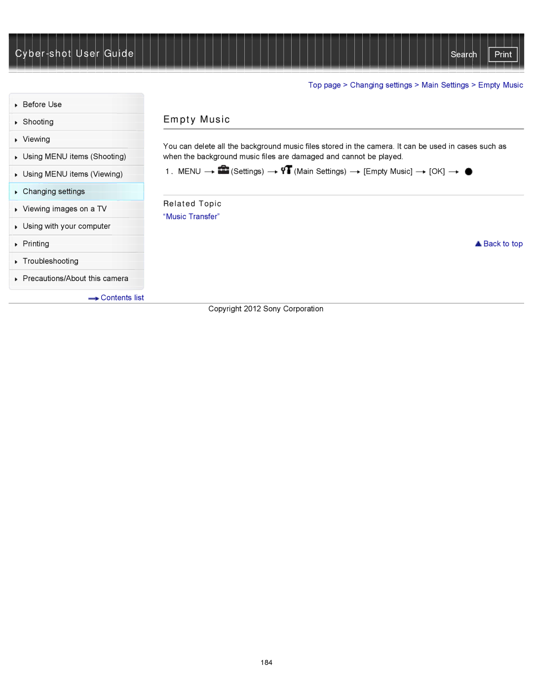 Sony DSC-WX100/WX150, DSC-WX150/R, DSCWX150/L manual Empty Music, Related Topic 