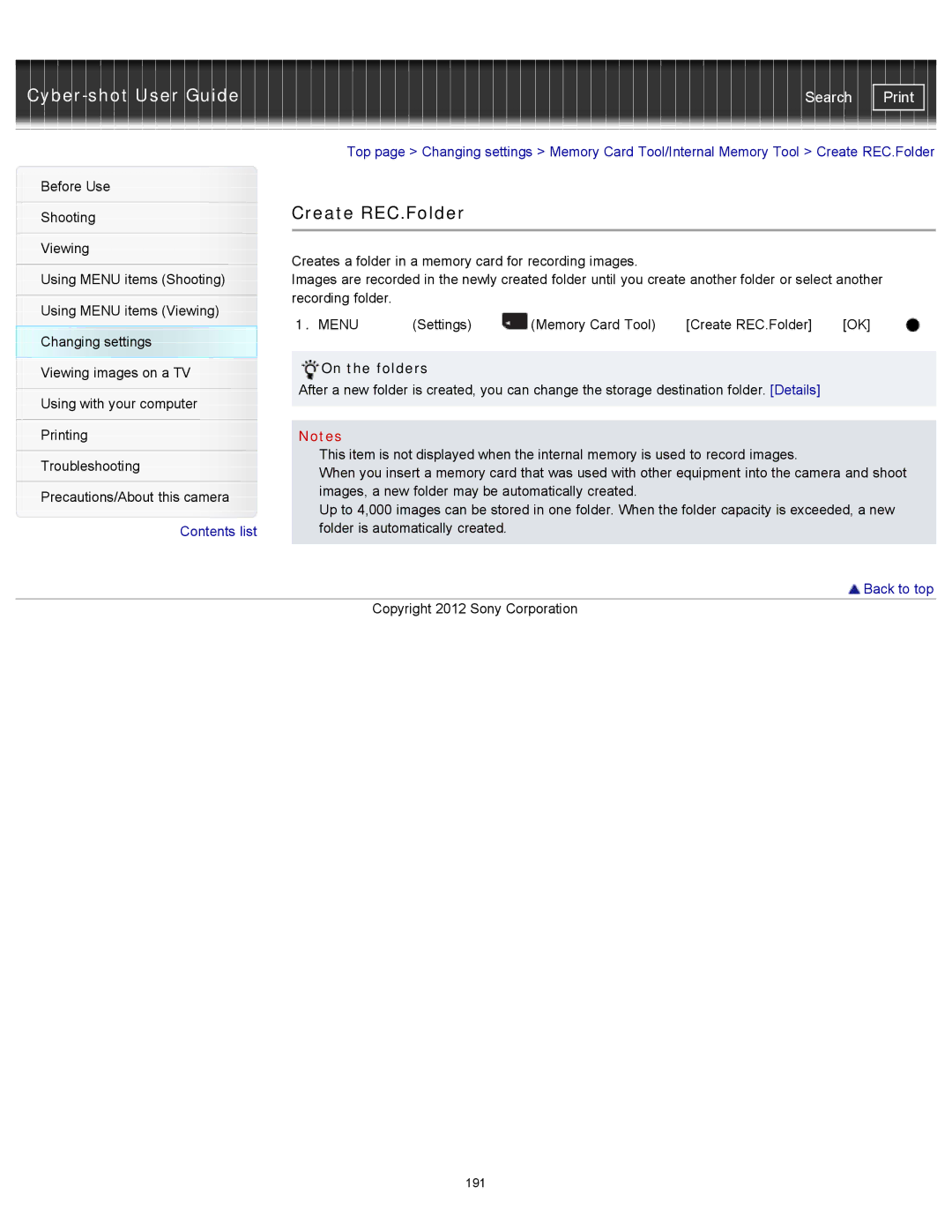 Sony DSCWX150/L, DSC-WX150/R, DSC-WX100/WX150 manual Create REC.Folder, On the folders 