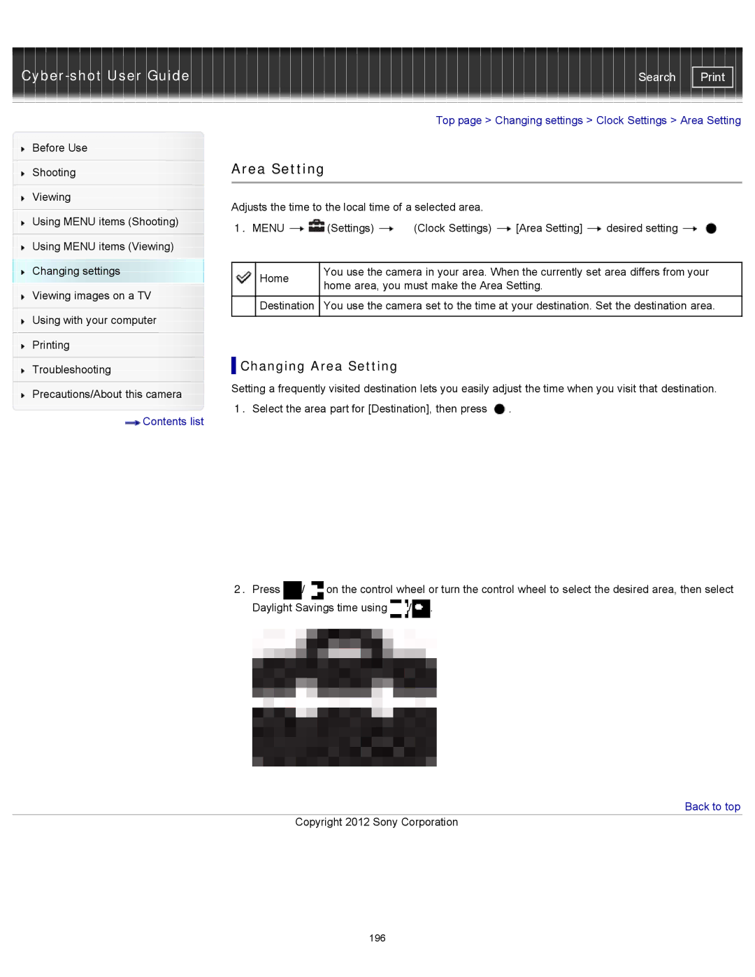 Sony DSC-WX100/WX150, DSC-WX150/R, DSCWX150/L manual Changing Area Setting 