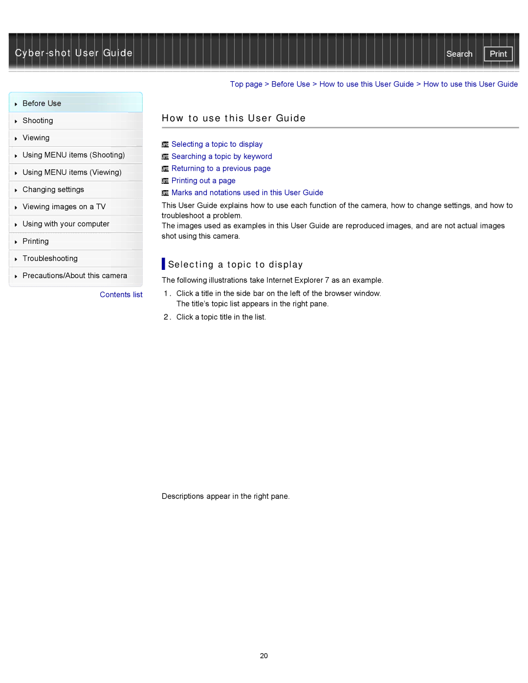 Sony DSCWX150/L, DSC-WX150/R, DSC-WX100/WX150 manual How to use this User Guide, Selecting a topic to display 