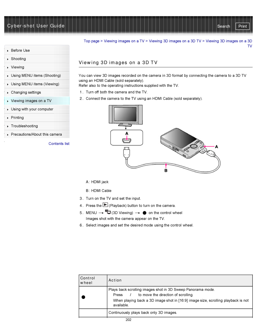 Sony DSC-WX100/WX150, DSC-WX150/R, DSCWX150/L manual Viewing 3D images on a 3D TV, Control Action Wheel 