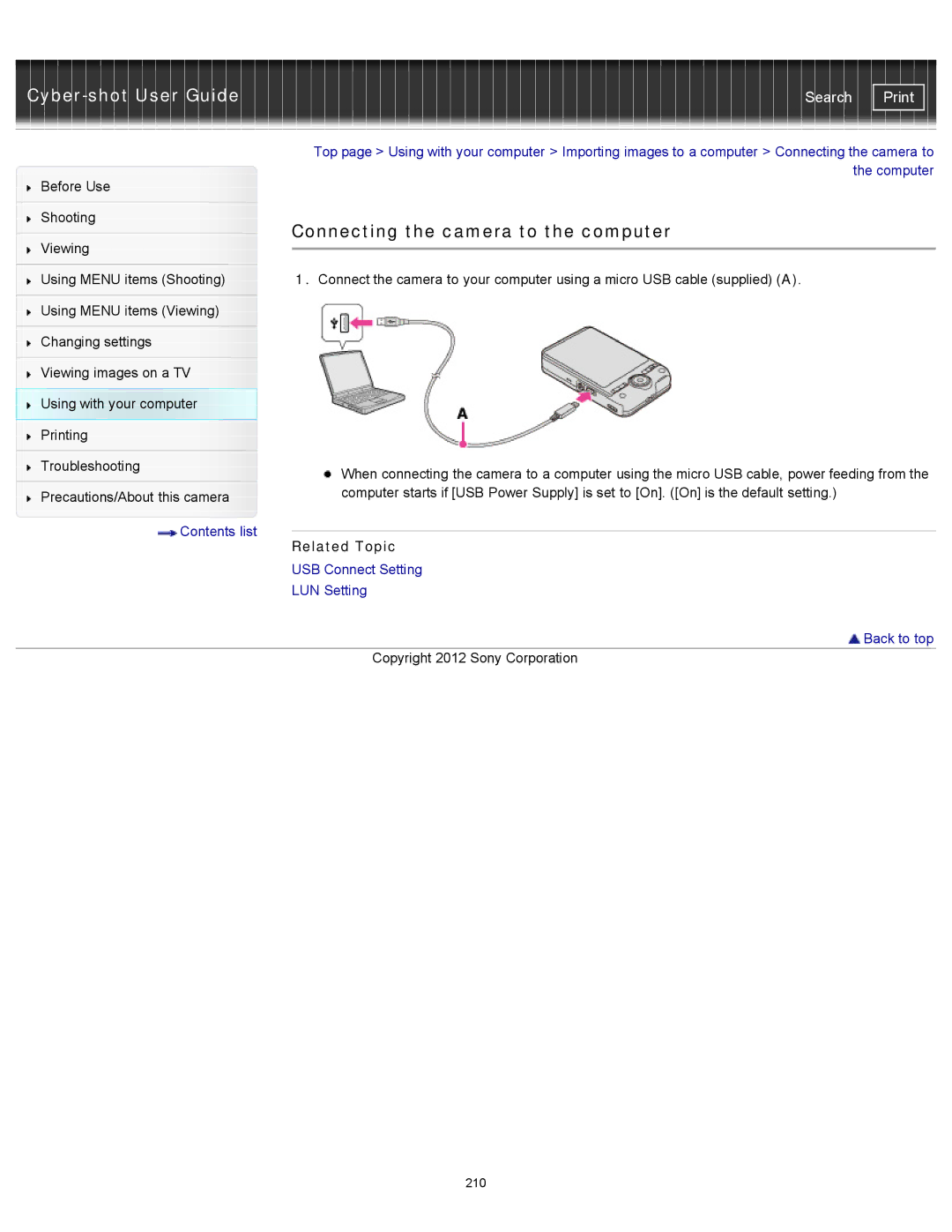 Sony DSC-WX150/R, DSC-WX100/WX150, DSCWX150/L manual Connecting the camera to the computer, Related Topic 