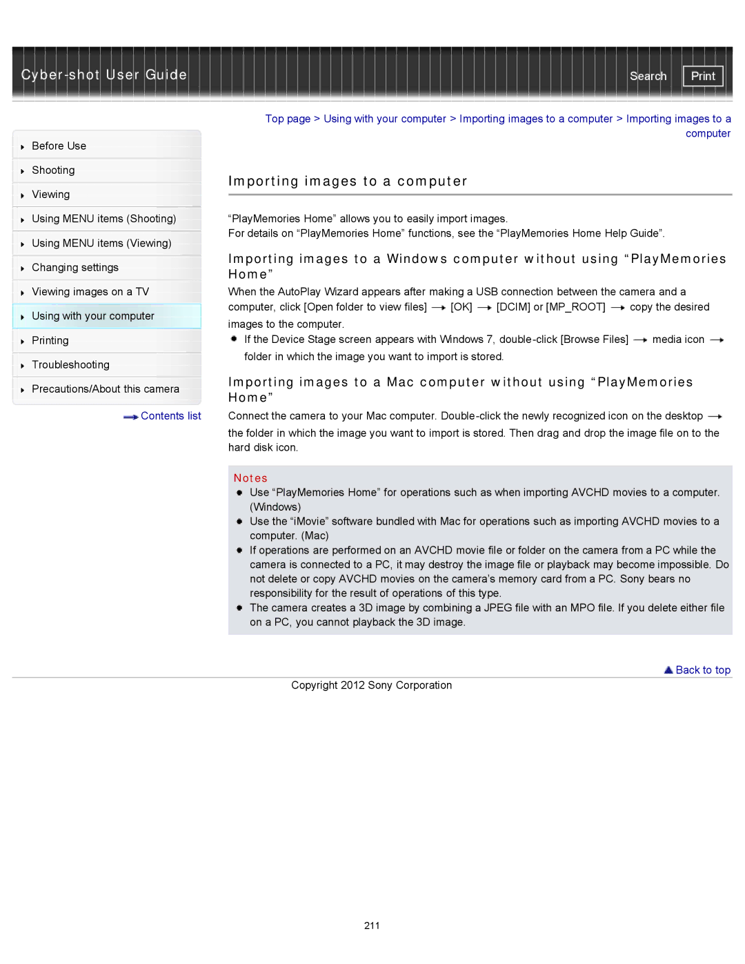 Sony DSC-WX100/WX150, DSC-WX150/R, DSCWX150/L manual Importing images to a computer, Home 