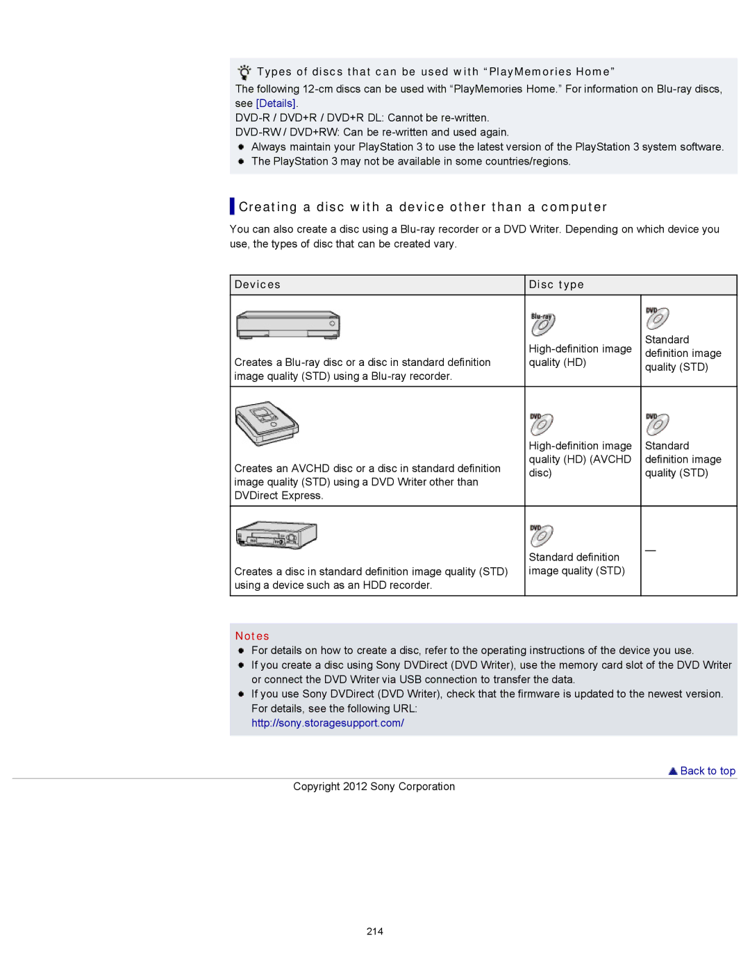 Sony DSC-WX100/WX150, DSC-WX150/R, DSCWX150/L manual Creating a disc with a device other than a computer, Devices Disc type 