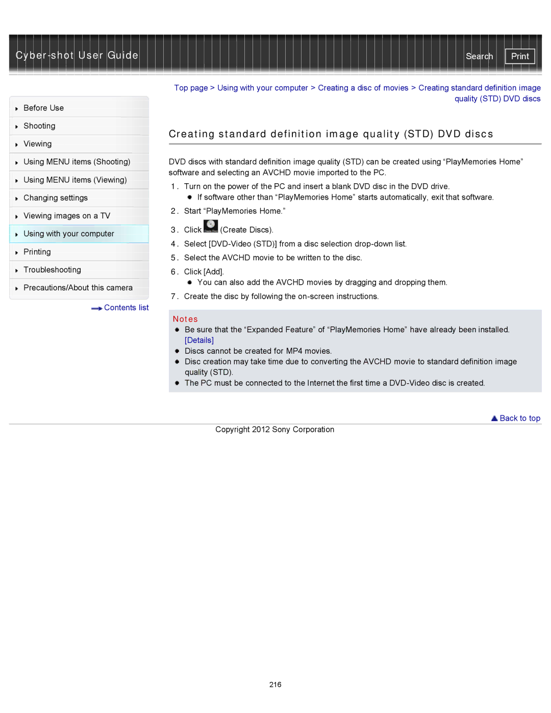 Sony DSC-WX150/R, DSC-WX100/WX150, DSCWX150/L manual Creating standard definition image quality STD DVD discs 