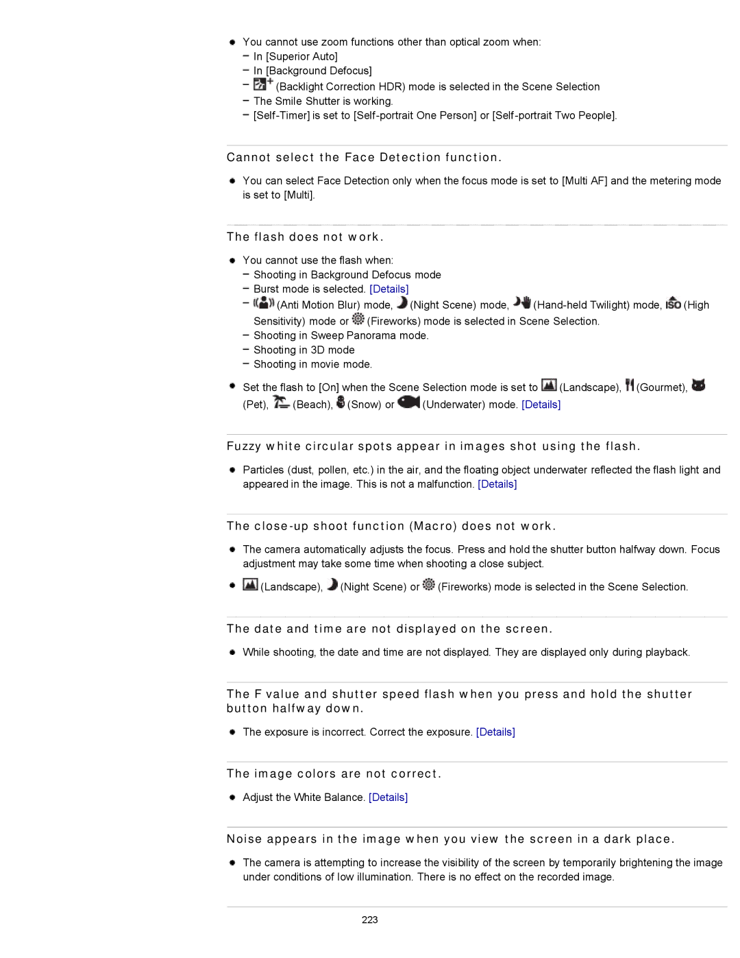 Sony DSC-WX100/WX150 manual Cannot select the Face Detection function, Flash does not work, Image colors are not correct 