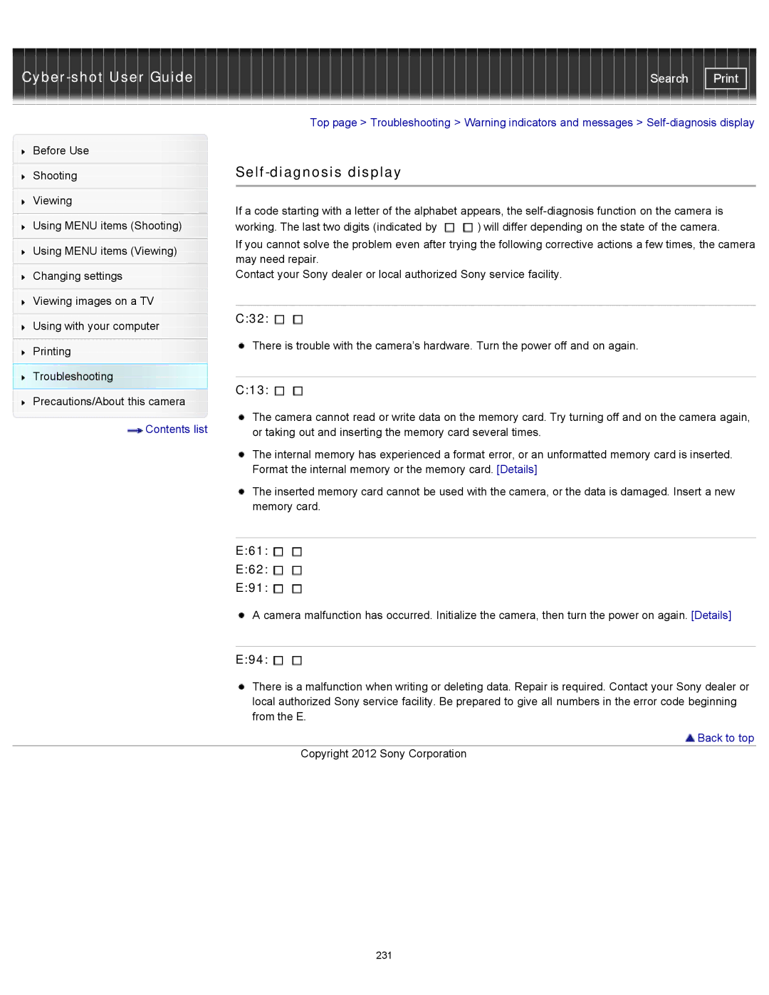 Sony DSC-WX150/R, DSC-WX100/WX150, DSCWX150/L manual Self-diagnosis display, C32, C13, E61 E62 E91, E94 
