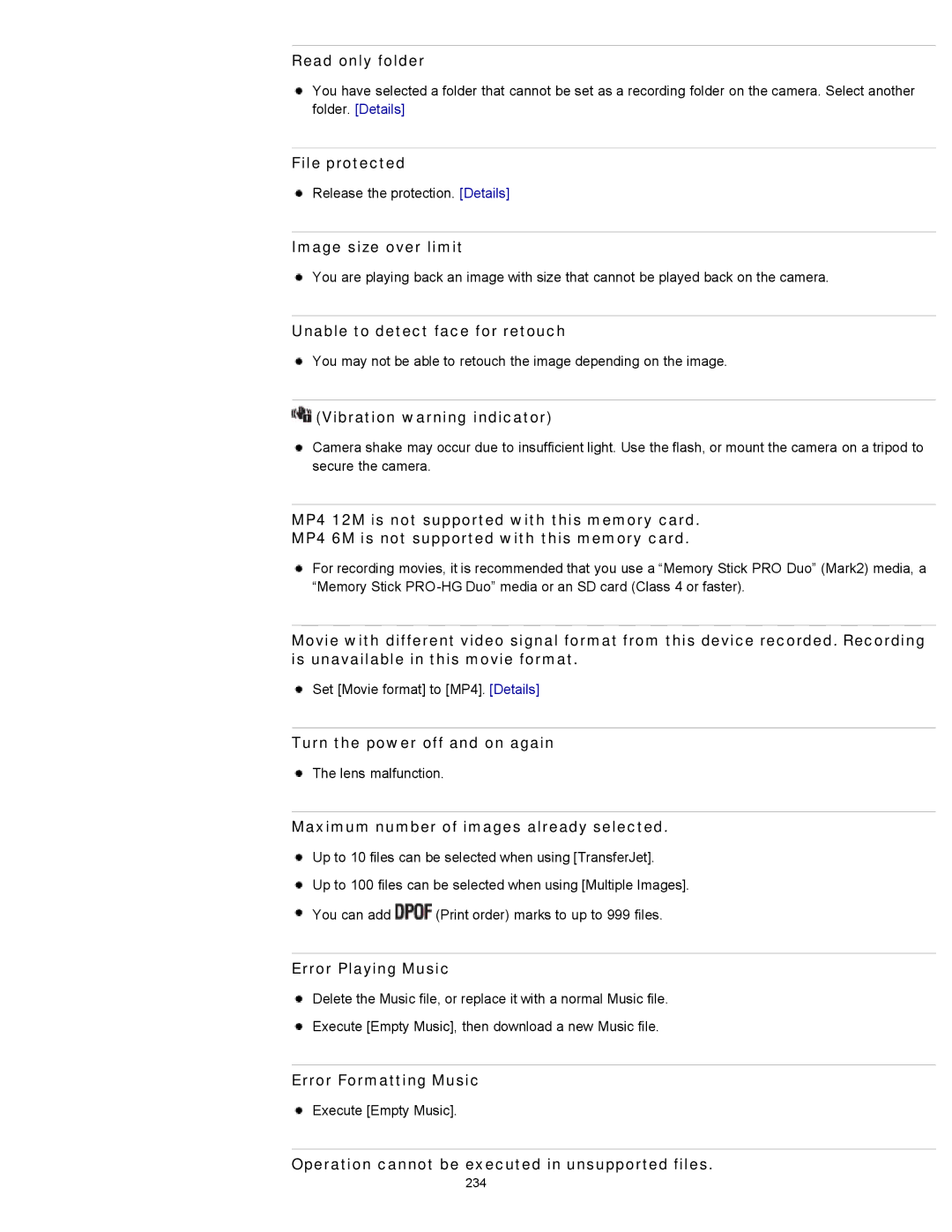 Sony DSC-WX150/R, DSCWX150/L Read only folder, File protected, Image size over limit, Unable to detect face for retouch 