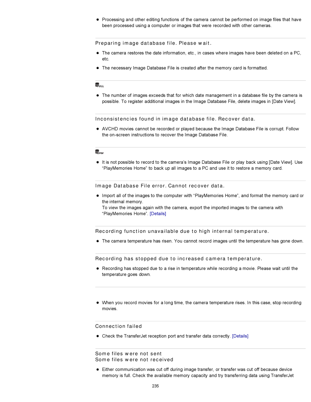 Sony DSC-WX100/WX150 manual Preparing image database file. Please wait, Image Database File error. Cannot recover data 