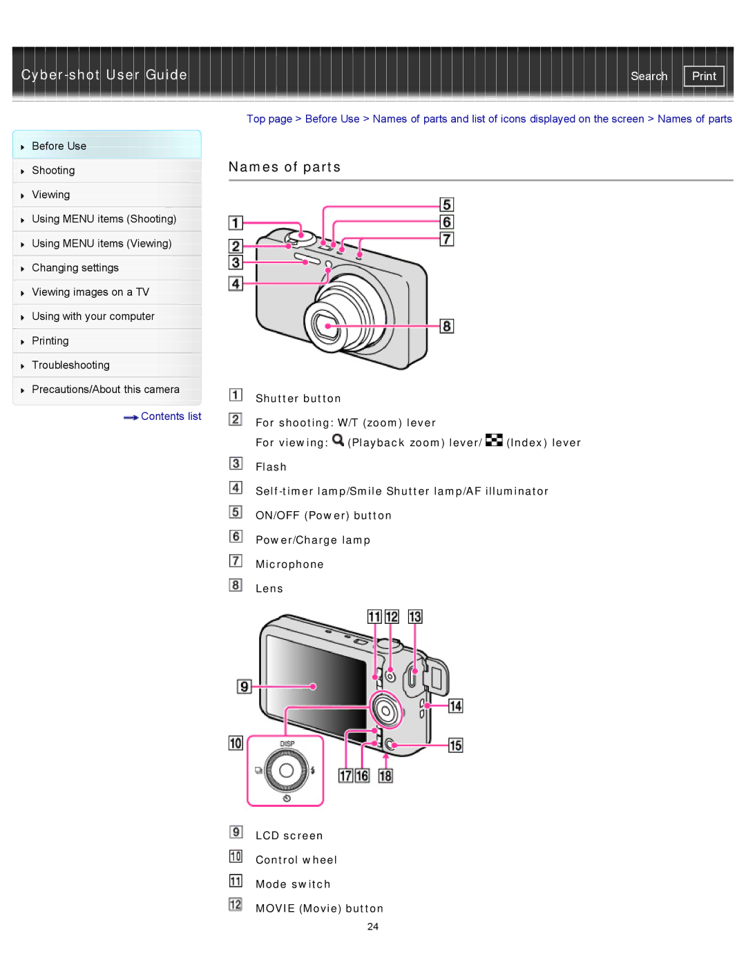 Sony DSC-WX150/R, DSC-WX100/WX150, DSCWX150/L manual Names of parts 