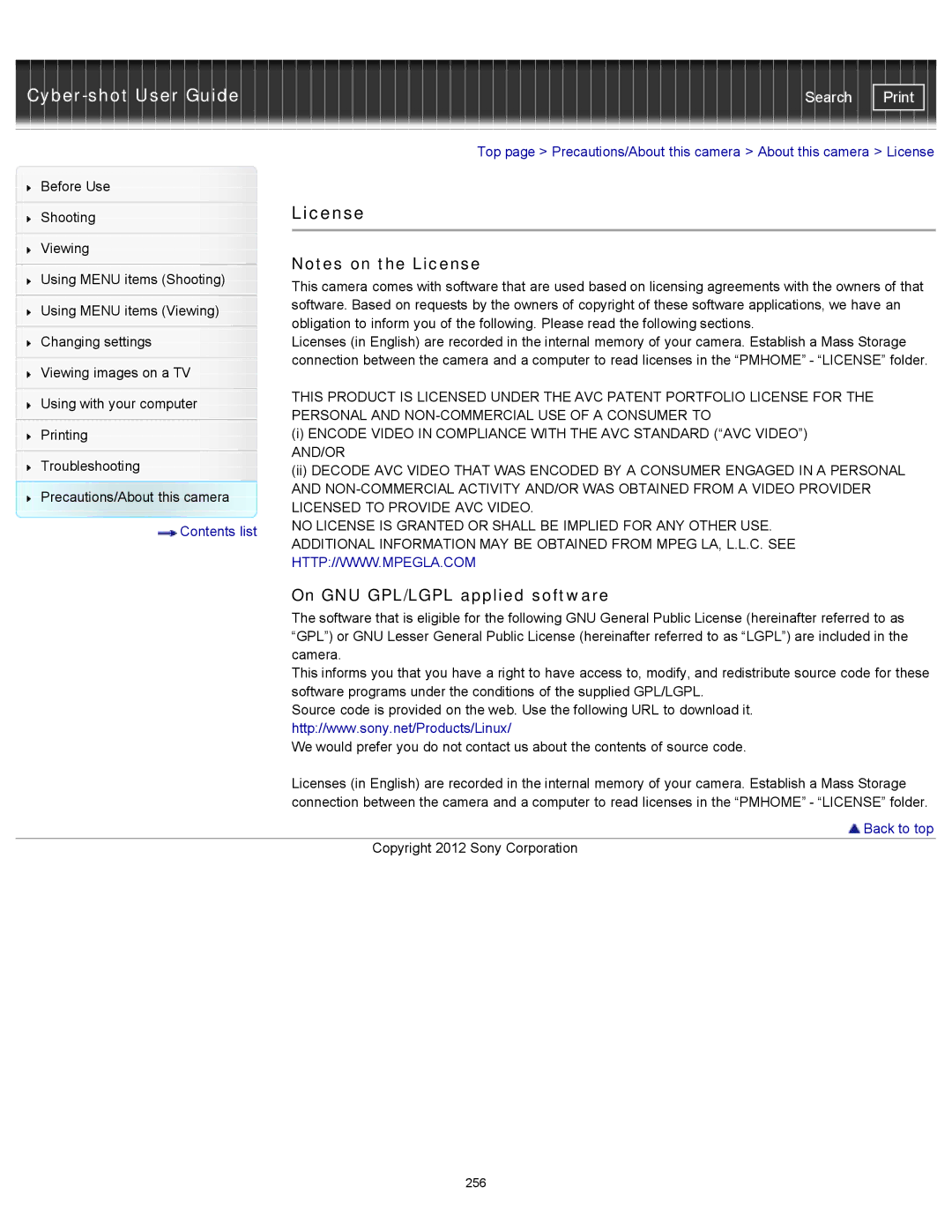 Sony DSC-WX100/WX150, DSC-WX150/R, DSCWX150/L manual License, On GNU GPL/LGPL applied software 