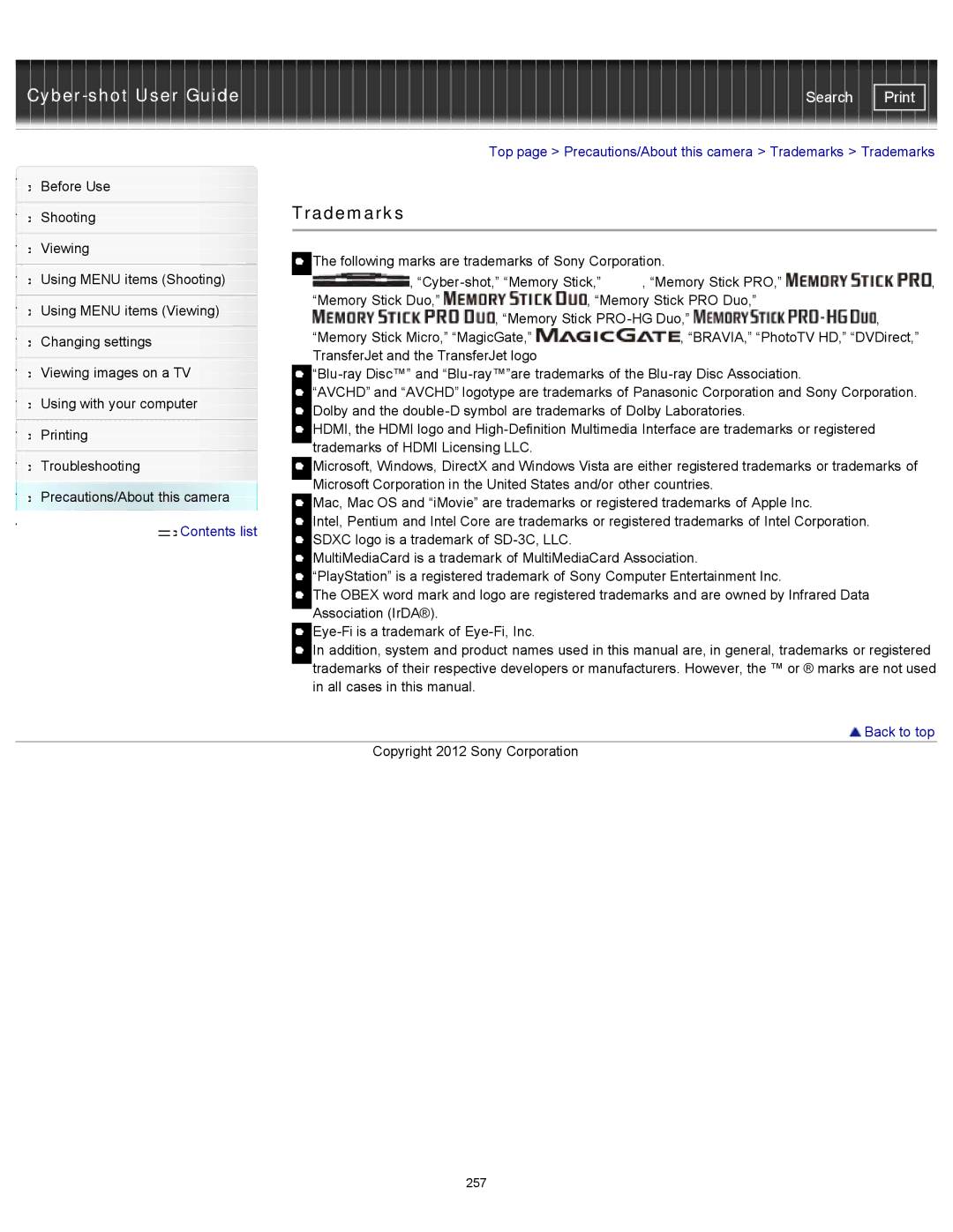 Sony DSCWX150/L, DSC-WX150/R, DSC-WX100/WX150 manual Trademarks, Eye-Fi is a trademark of Eye-Fi, Inc 