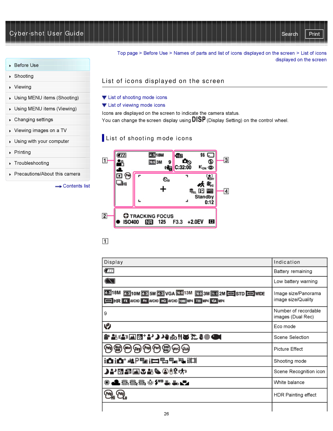 Sony DSCWX150/L, DSC-WX150/R manual List of icons displayed on the screen, List of shooting mode icons, Display Indication 