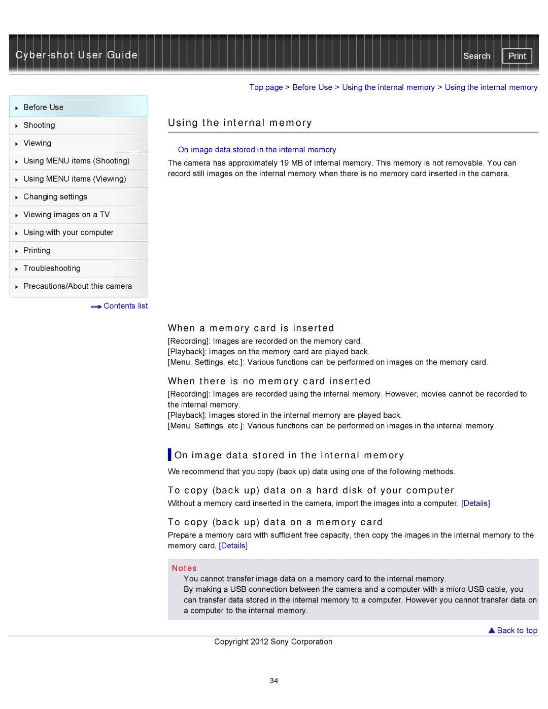 Sony DSC-WX100/WX150, DSC-WX150/R, DSCWX150/L manual Using the internal memory 