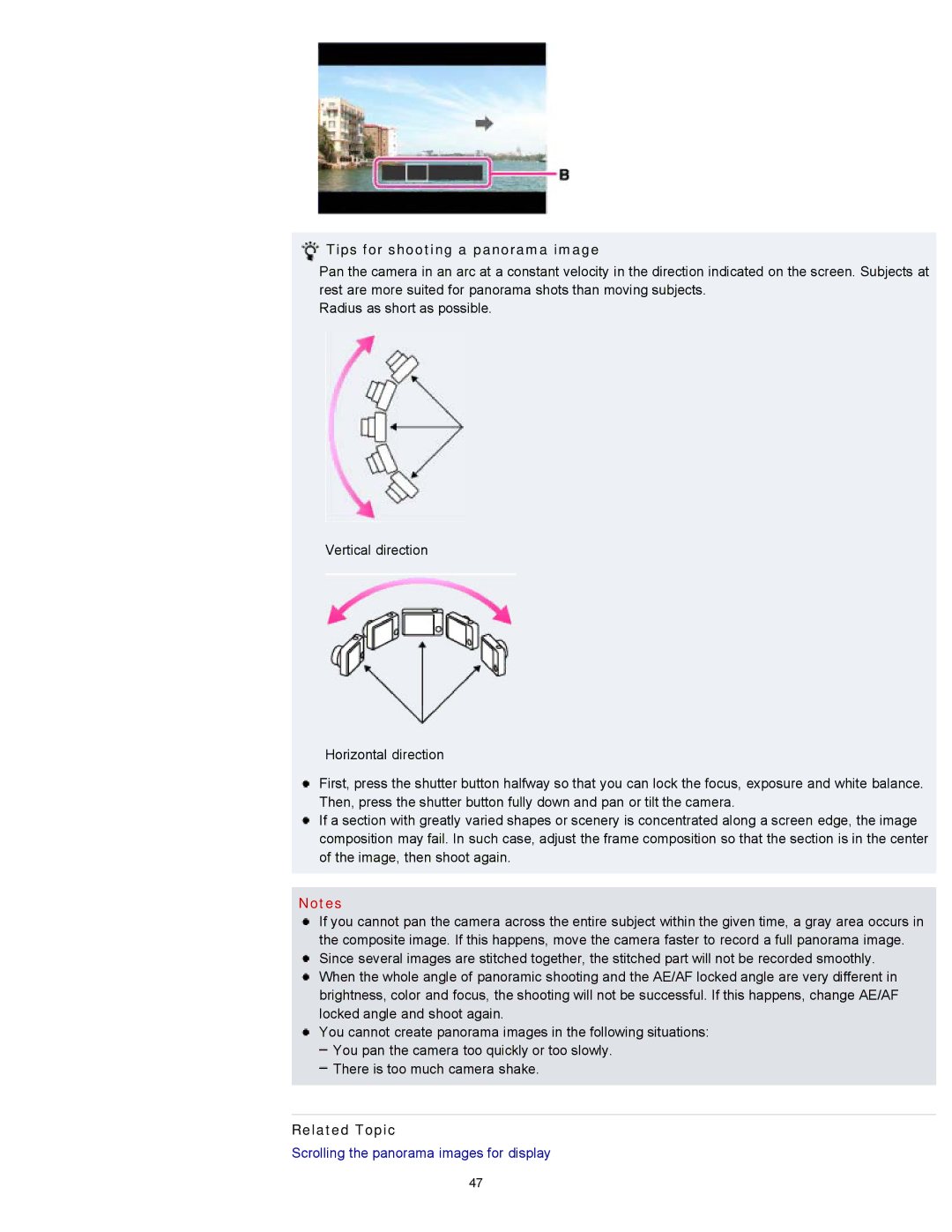 Sony DSCWX150/L, DSC-WX150/R, DSC-WX100/WX150 manual Tips for shooting a panorama image, Related Topic 