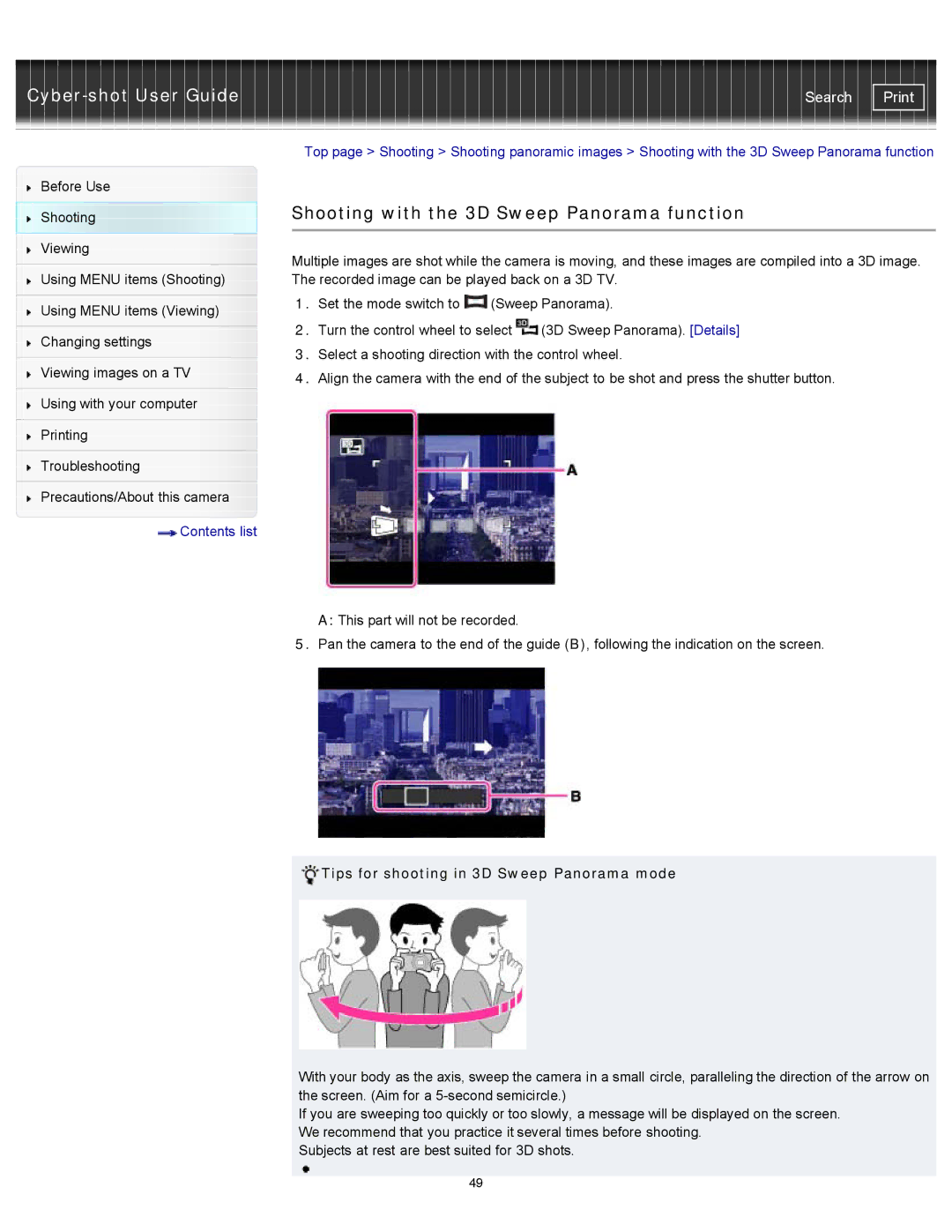 Sony DSC-WX100/WX150, DSCWX150/L Shooting with the 3D Sweep Panorama function, Tips for shooting in 3D Sweep Panorama mode 