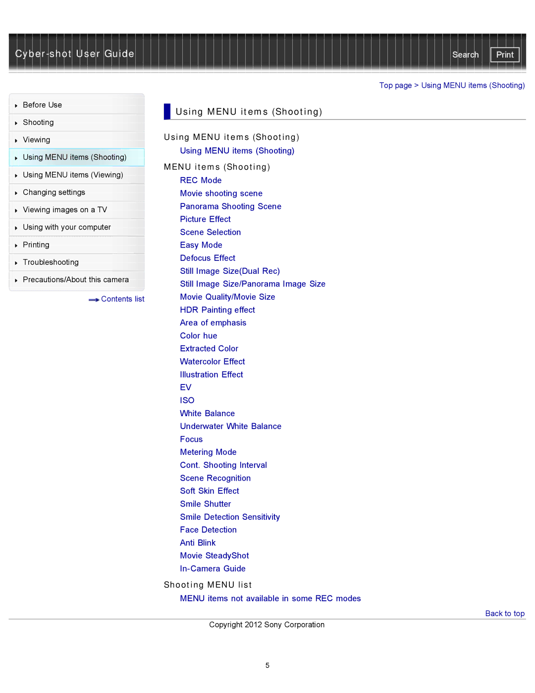 Sony DSCWX150/L, DSC-WX150/R, DSC-WX100/WX150 manual Using Menu items Shooting, Shooting Menu list 